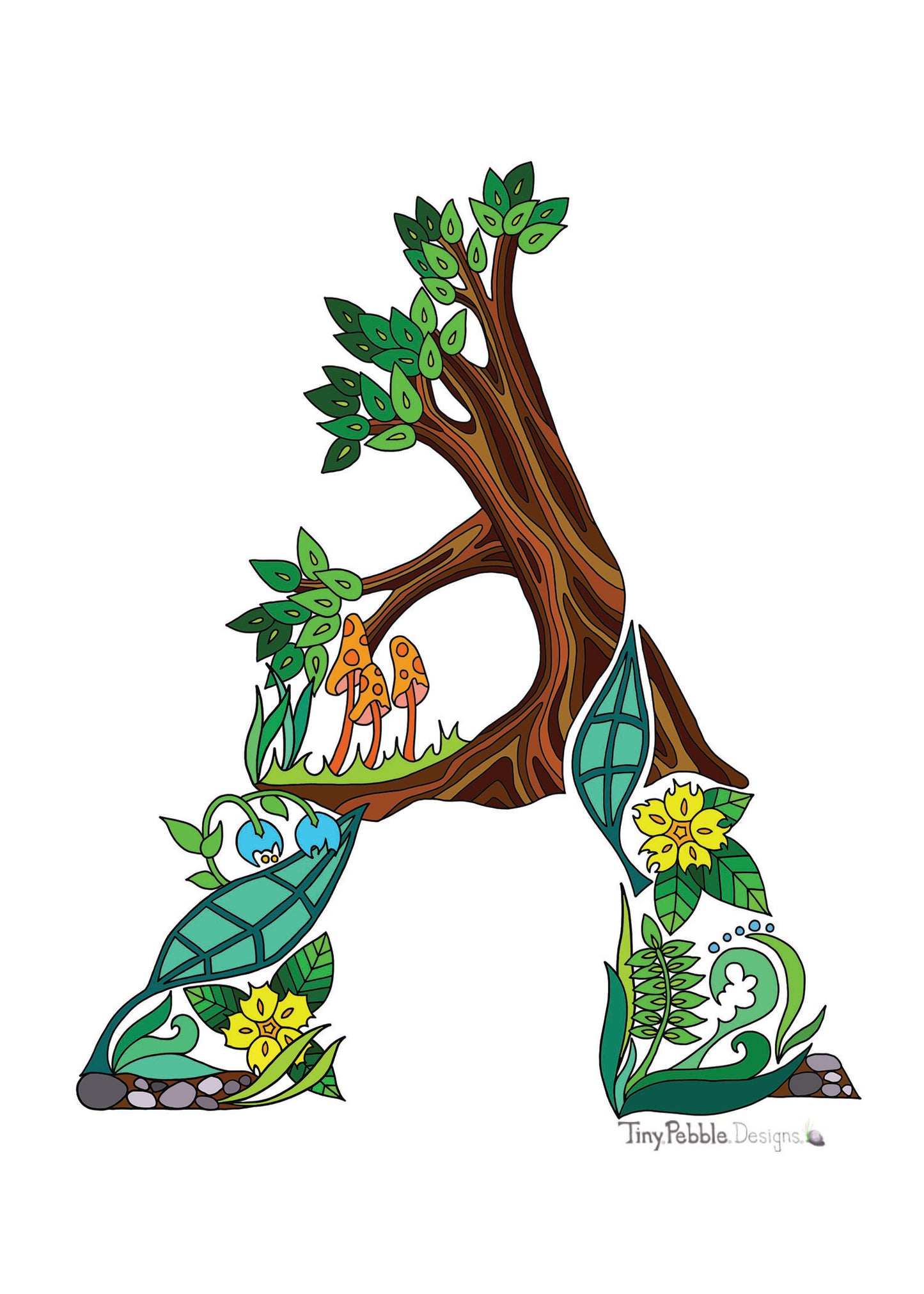 Botanical Alphabet Letter A designed with trees, flowers and mushrooms.