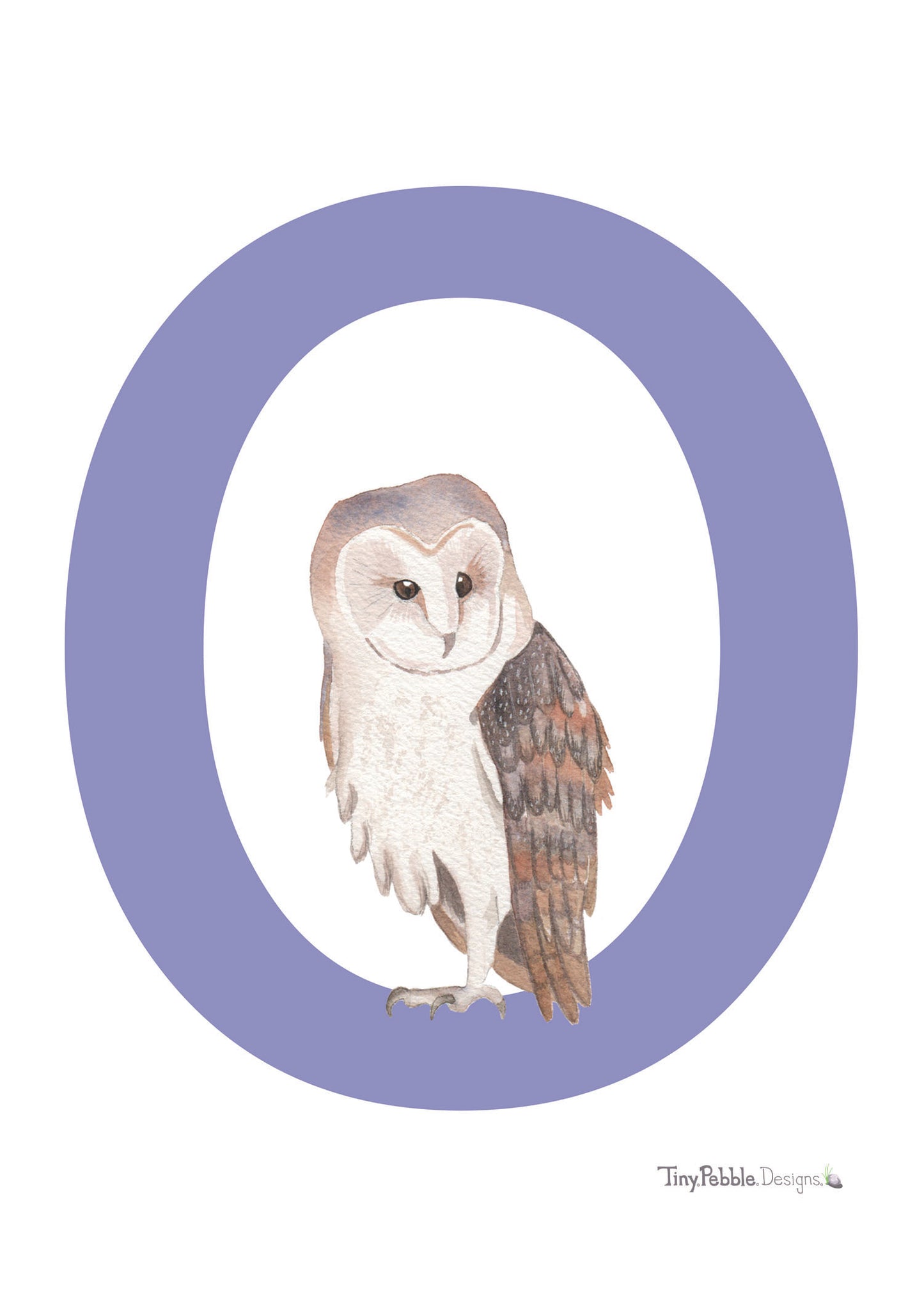 purple printed letter O with a watercolor painting of an owl.