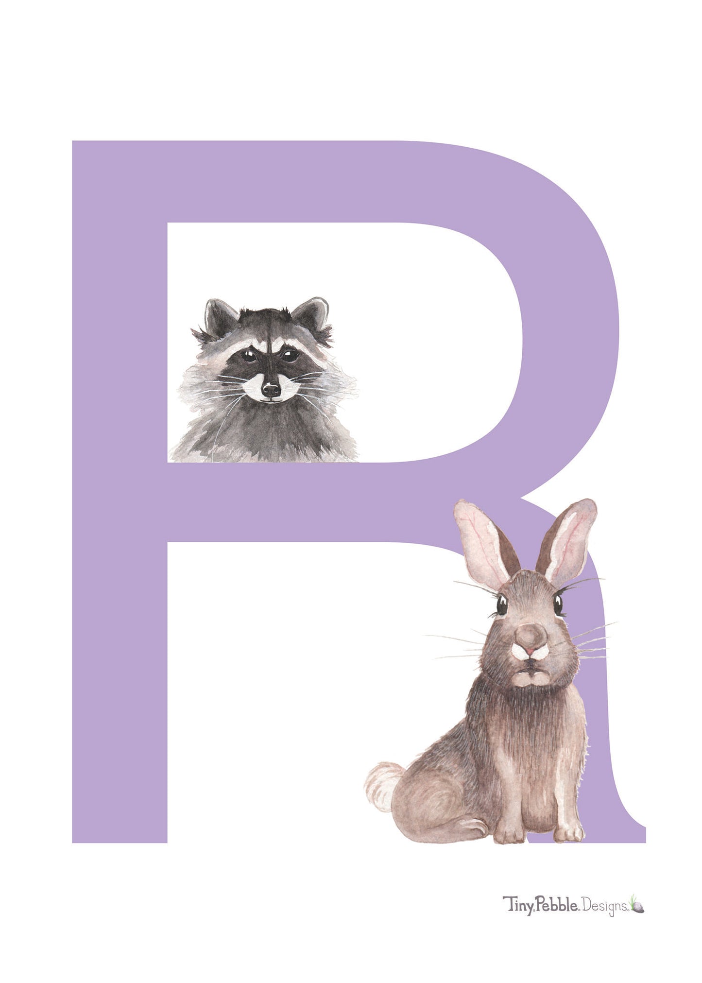 purple printed letter R with watercolor paintings of a raccoon and a rabbit.
