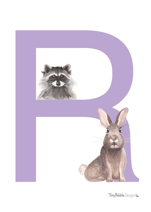 purple printed letter R with watercolor paintings of a raccoon and a rabbit.