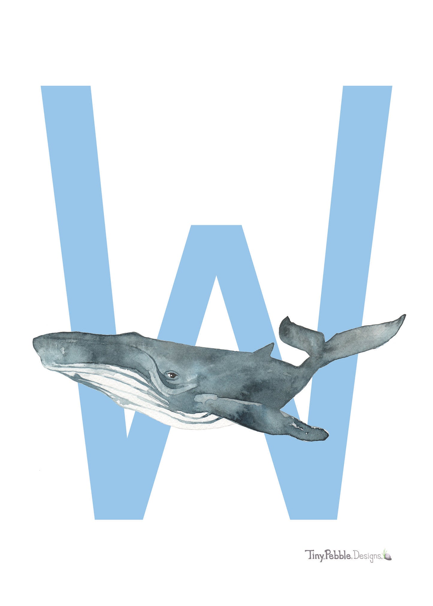 blue printed letter W with a watercolor painting of a whale.