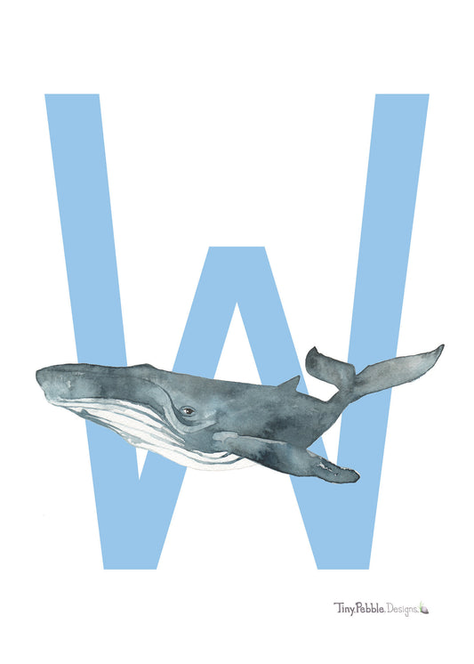 blue printed letter W with a watercolor painting of a whale.