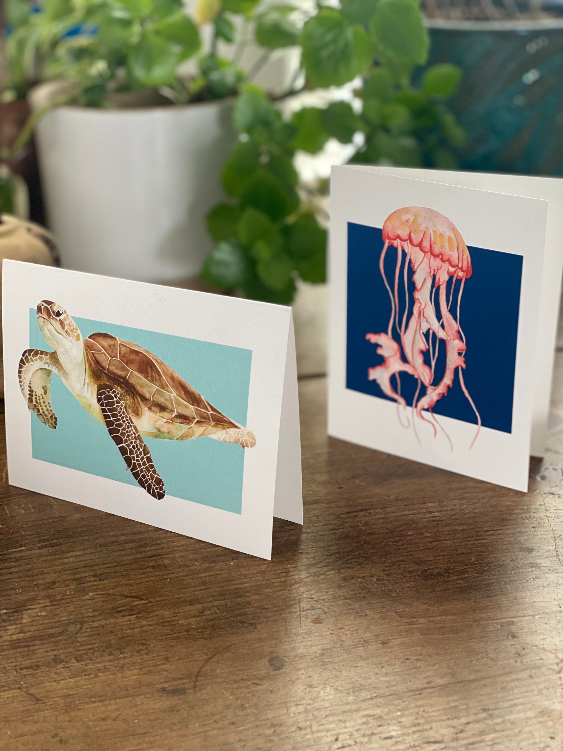 two greeting cards, one with a watercolor sea turtle and the other with a watercolor jellyfish.