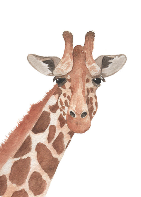 watercolor painting of a giraffe from the neck up.