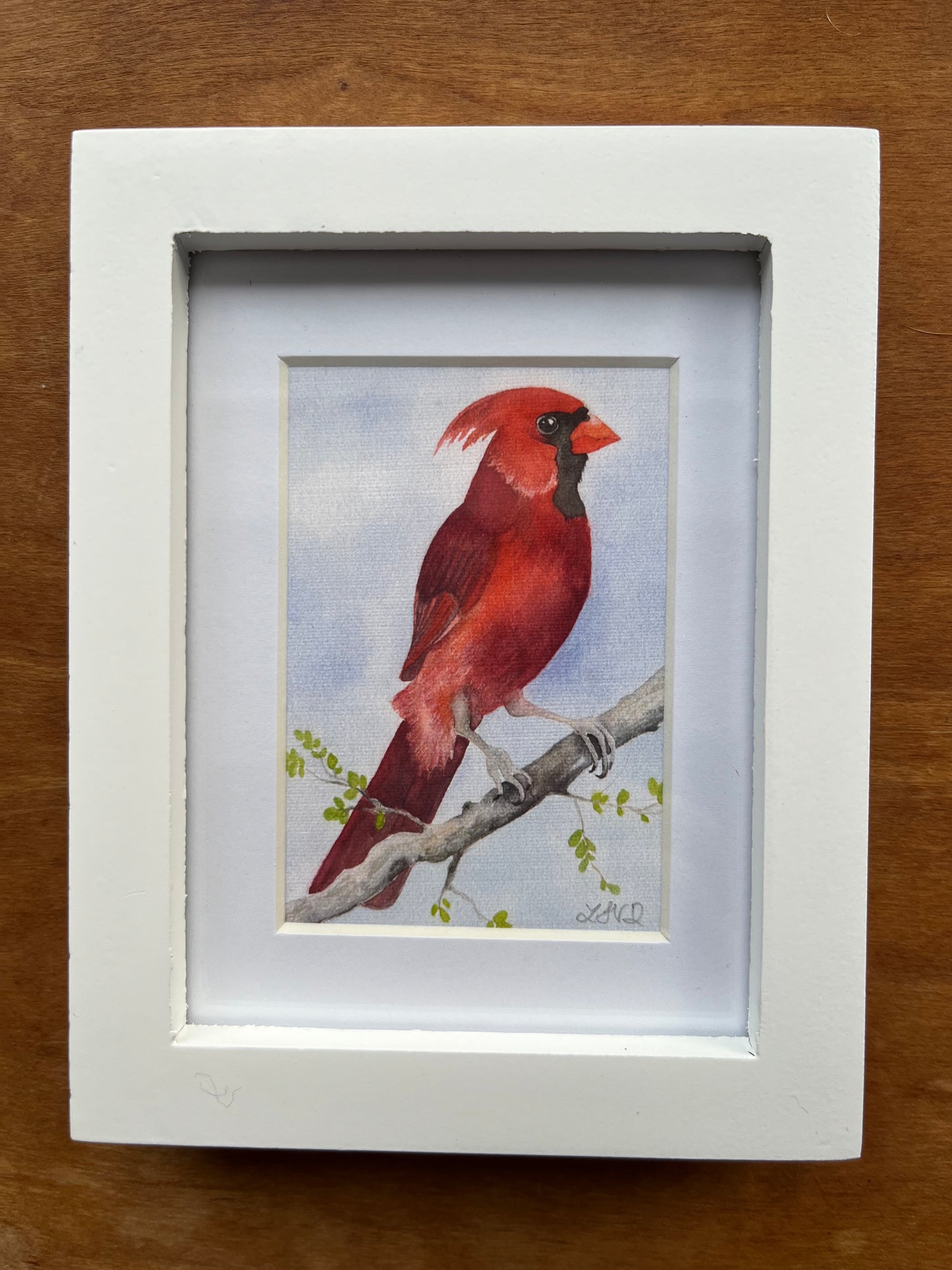 Watercolor painting of a male cardinal in a white picture frame with a white mat.