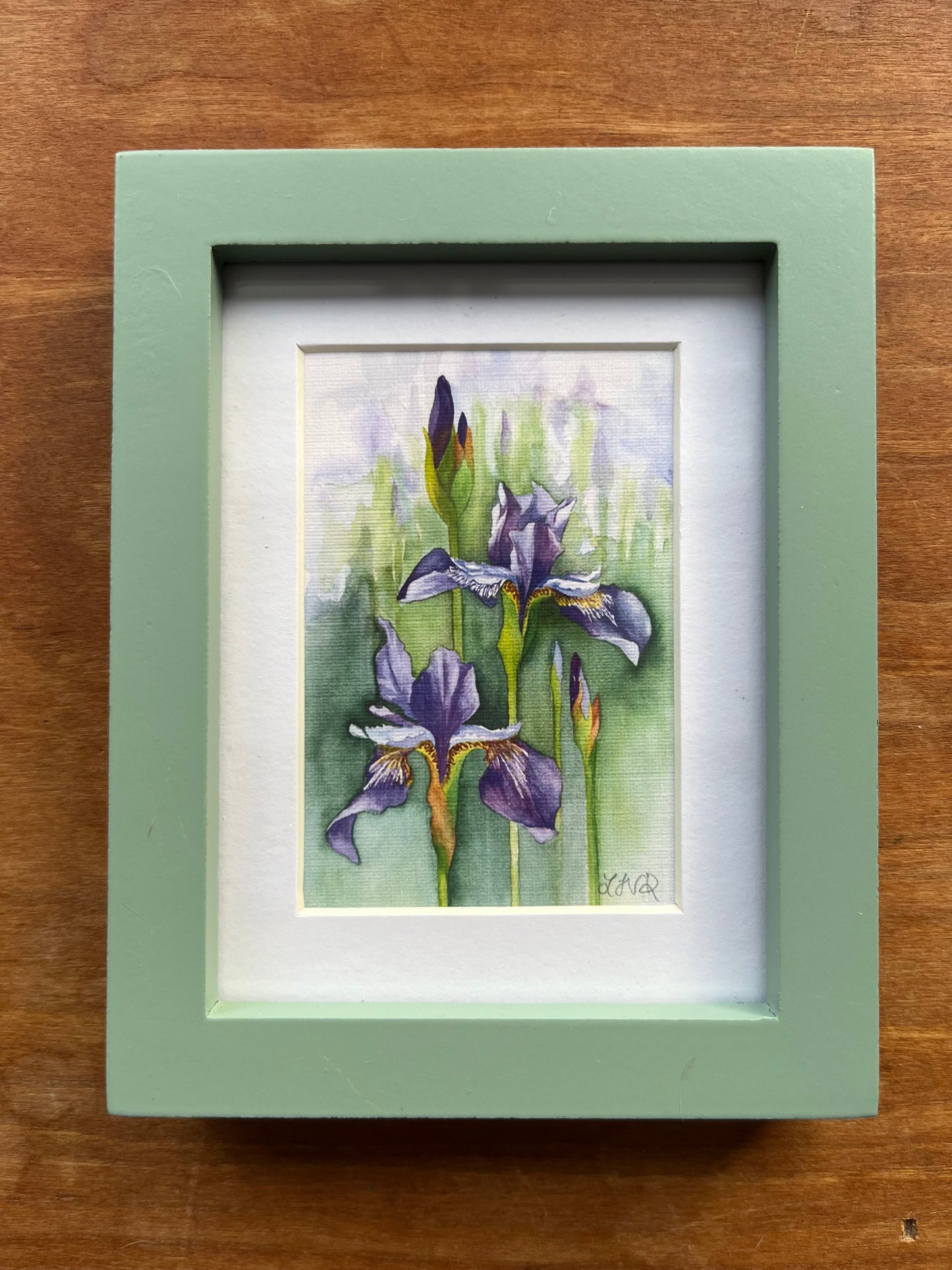 Watercolor painting of iris flowers in a green picture frame.