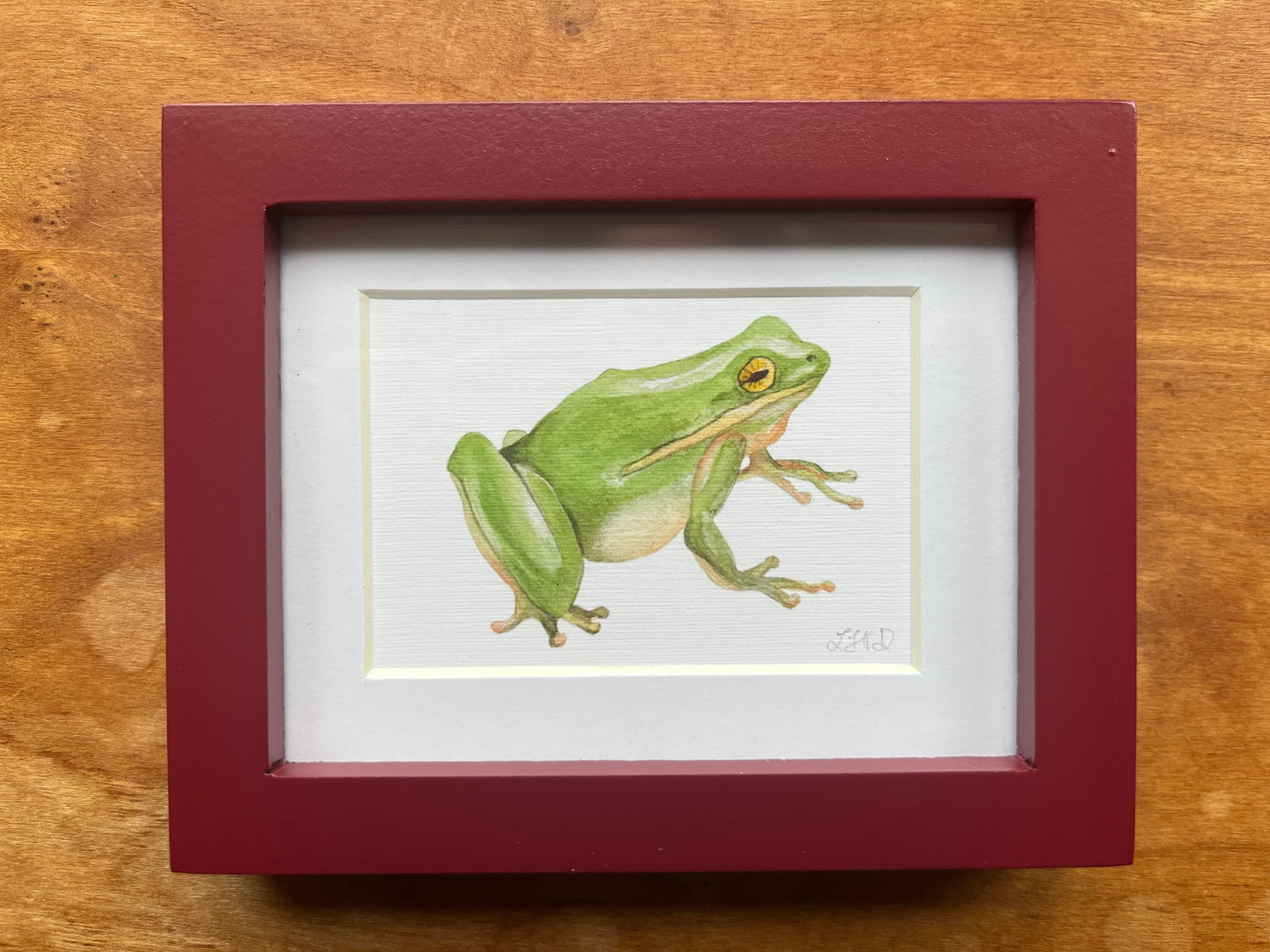 Watercolor painting of a green frog in a maroon red picture frame.