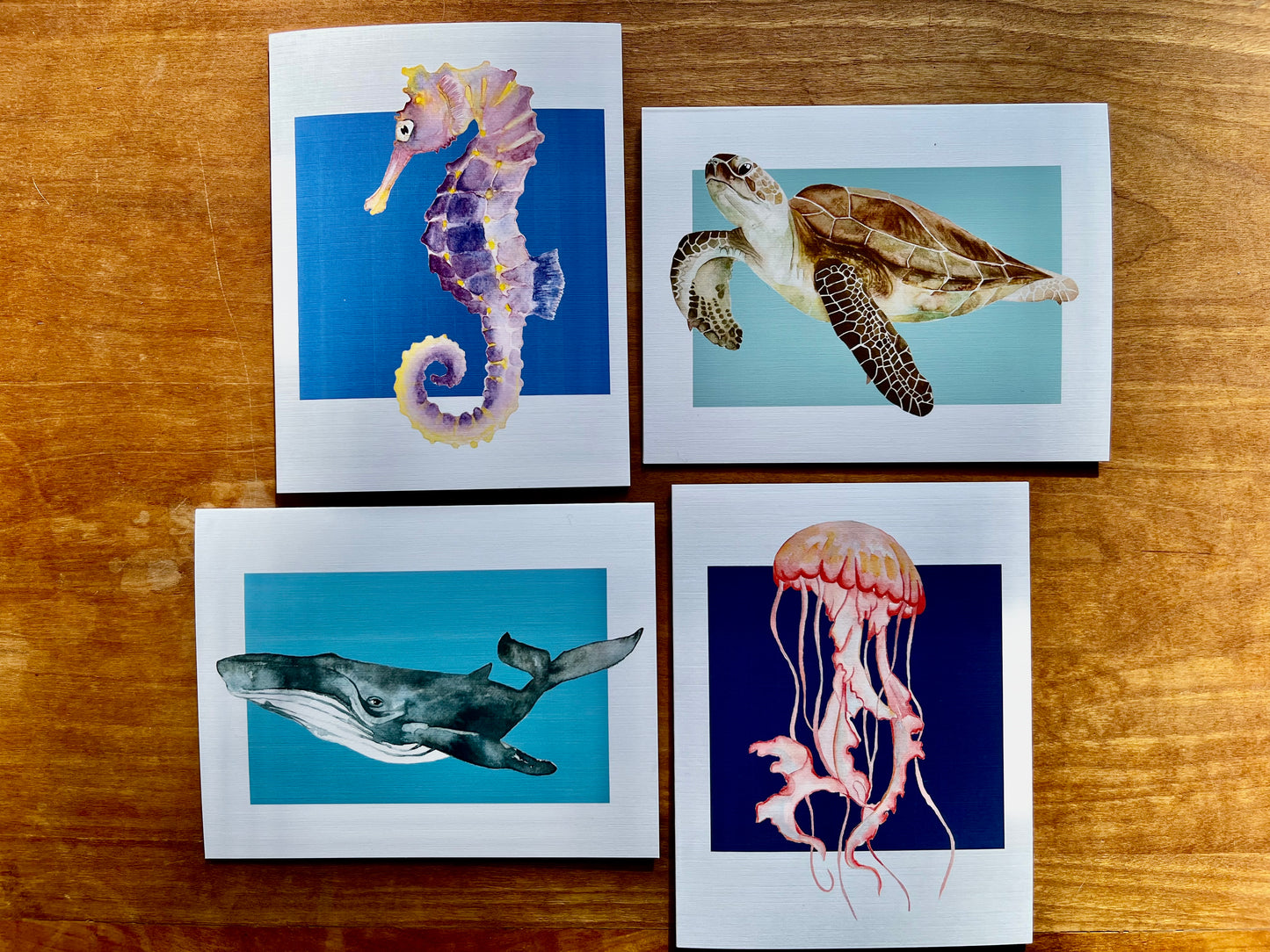 four greeting cards with one of each watercolor painting of a sea turtle, seahorse, whale, and jellyfish.