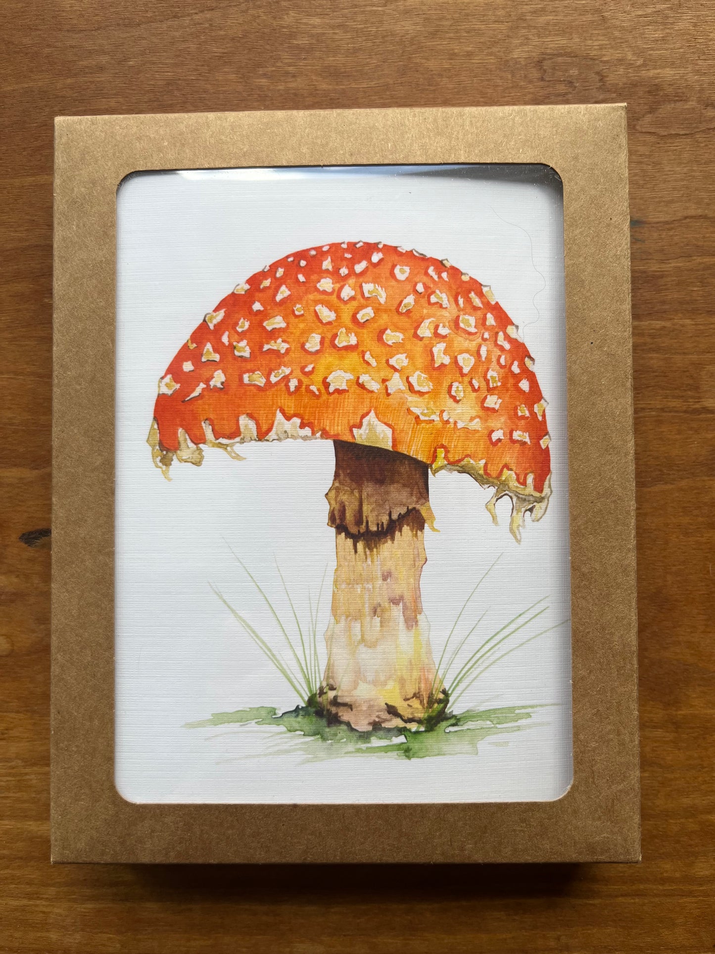 pack of four greeting cards with a watercolor painting of a large, orange mushroom.