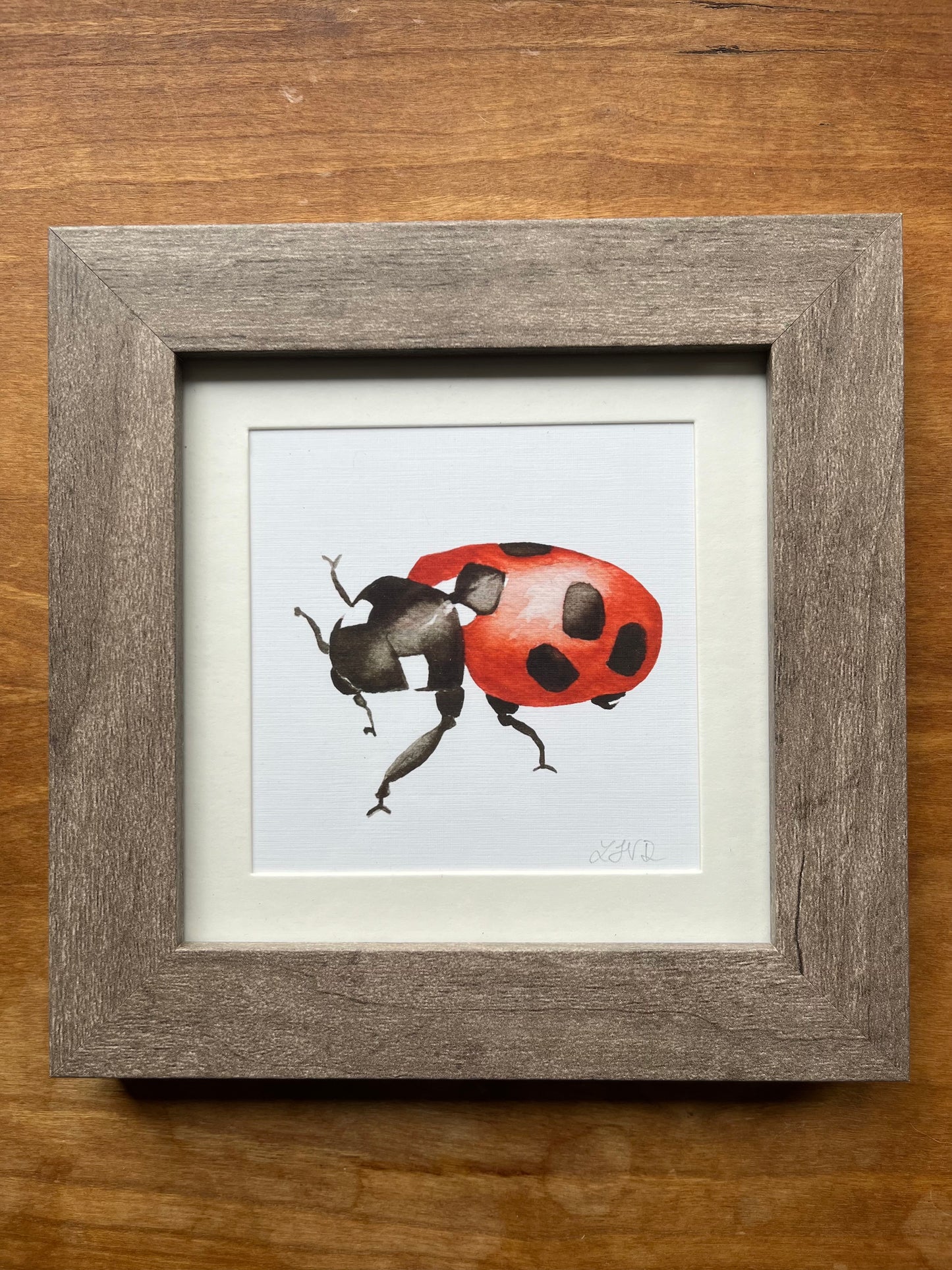watercolor ladybug in a square grey picture frame with a white matte.
