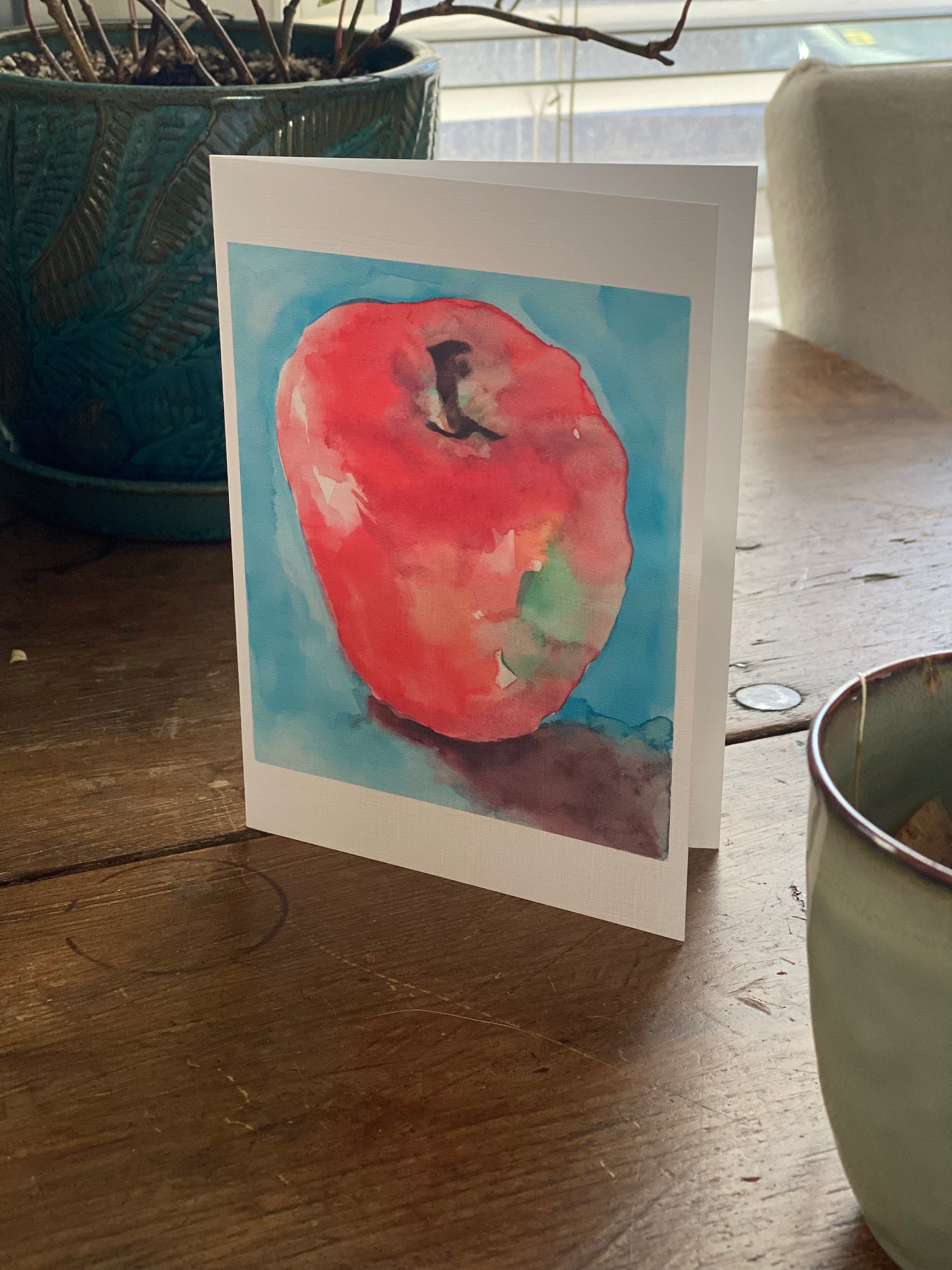 5x7 greeting card with a watercolor red apple painting. 