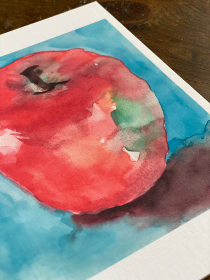 close up of watercolor apple 5x7 greeting card.