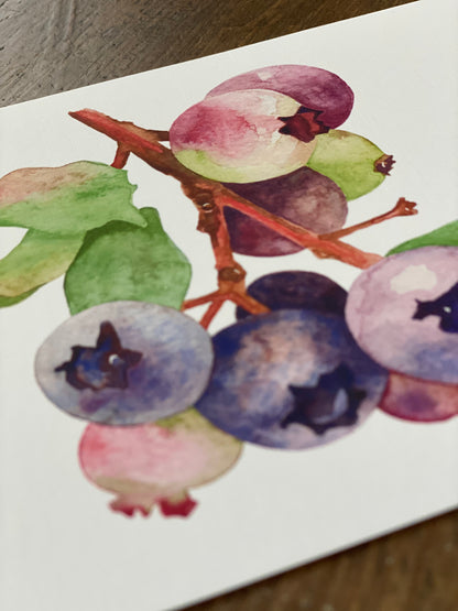 closeup of 5x7 greeting card with watercolor blueberries. 