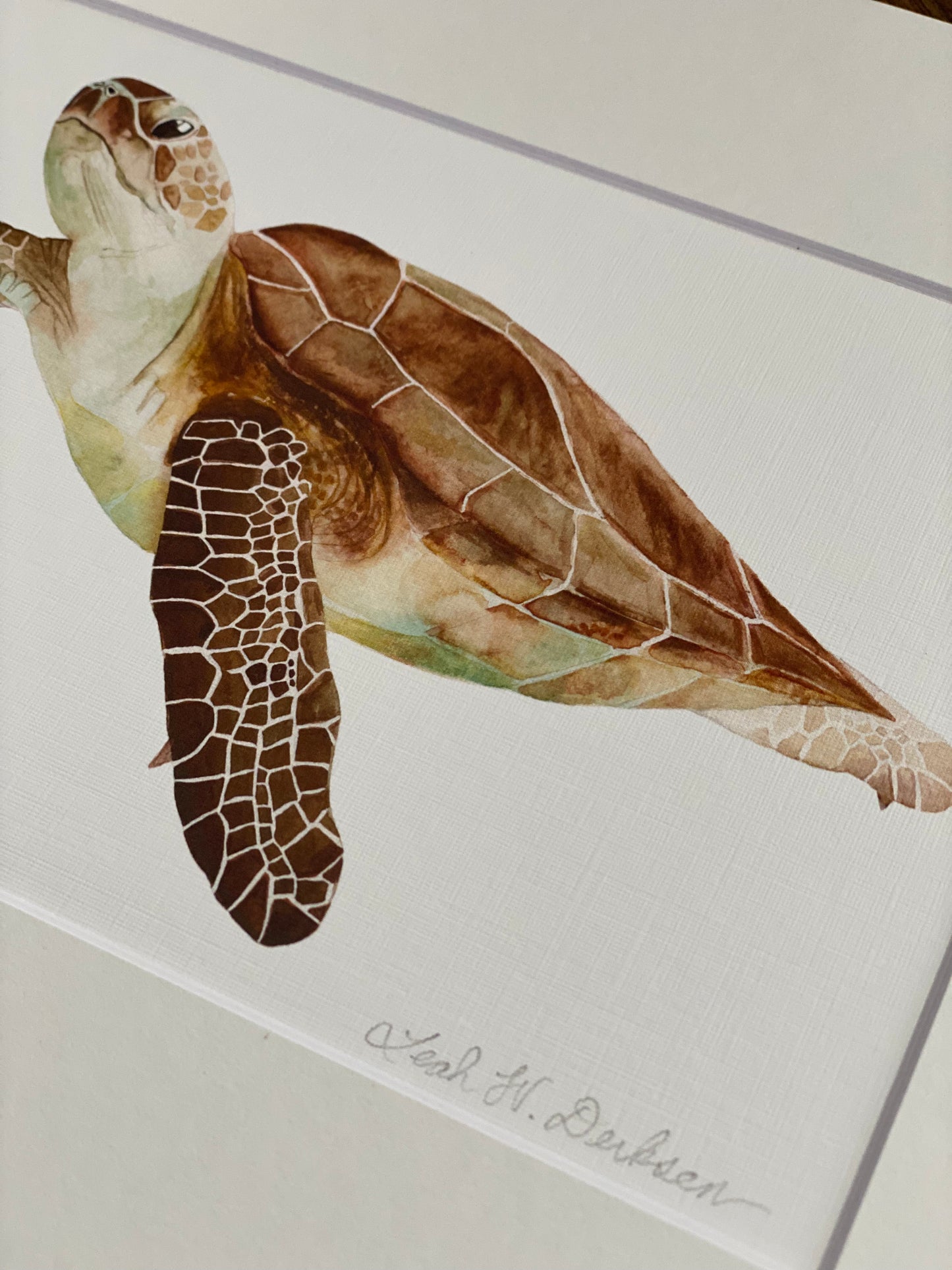 Watercolor print of a sea turtle matted with artist signature.