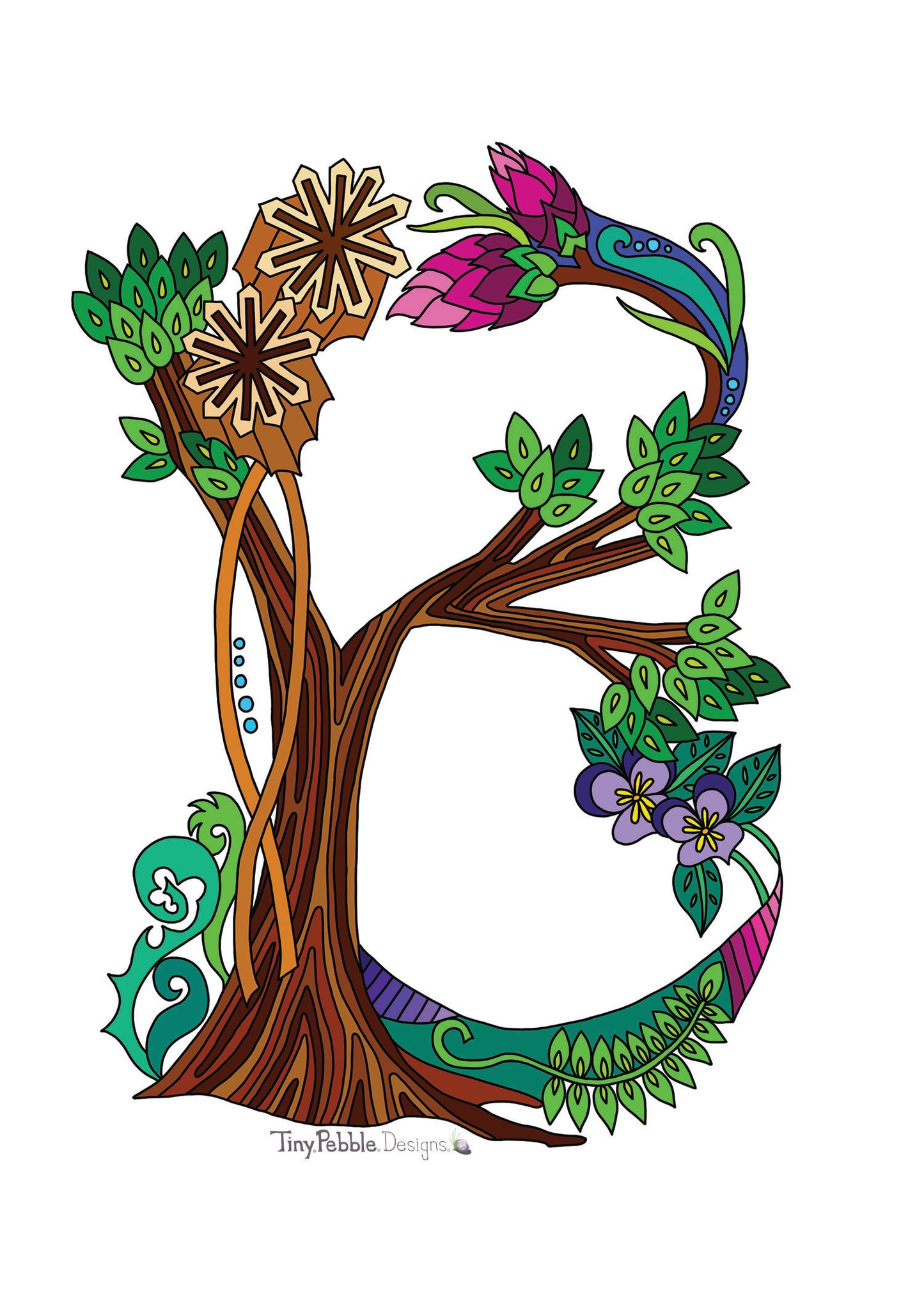 Botanical Alphabet Letter B designed with trees, flowers and mushrooms.