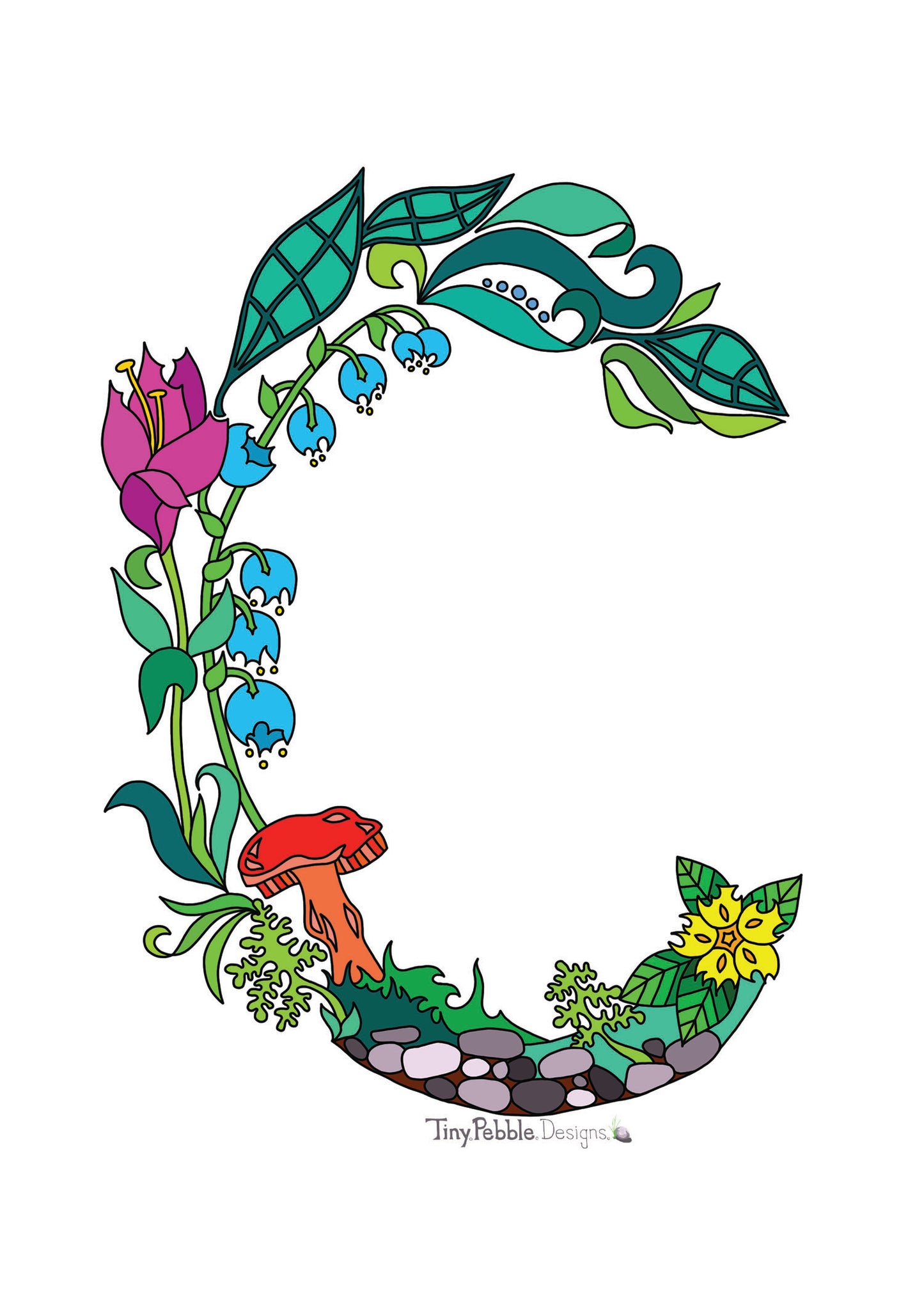 Botanical Alphabet Letter C designed with trees, flowers and mushrooms.