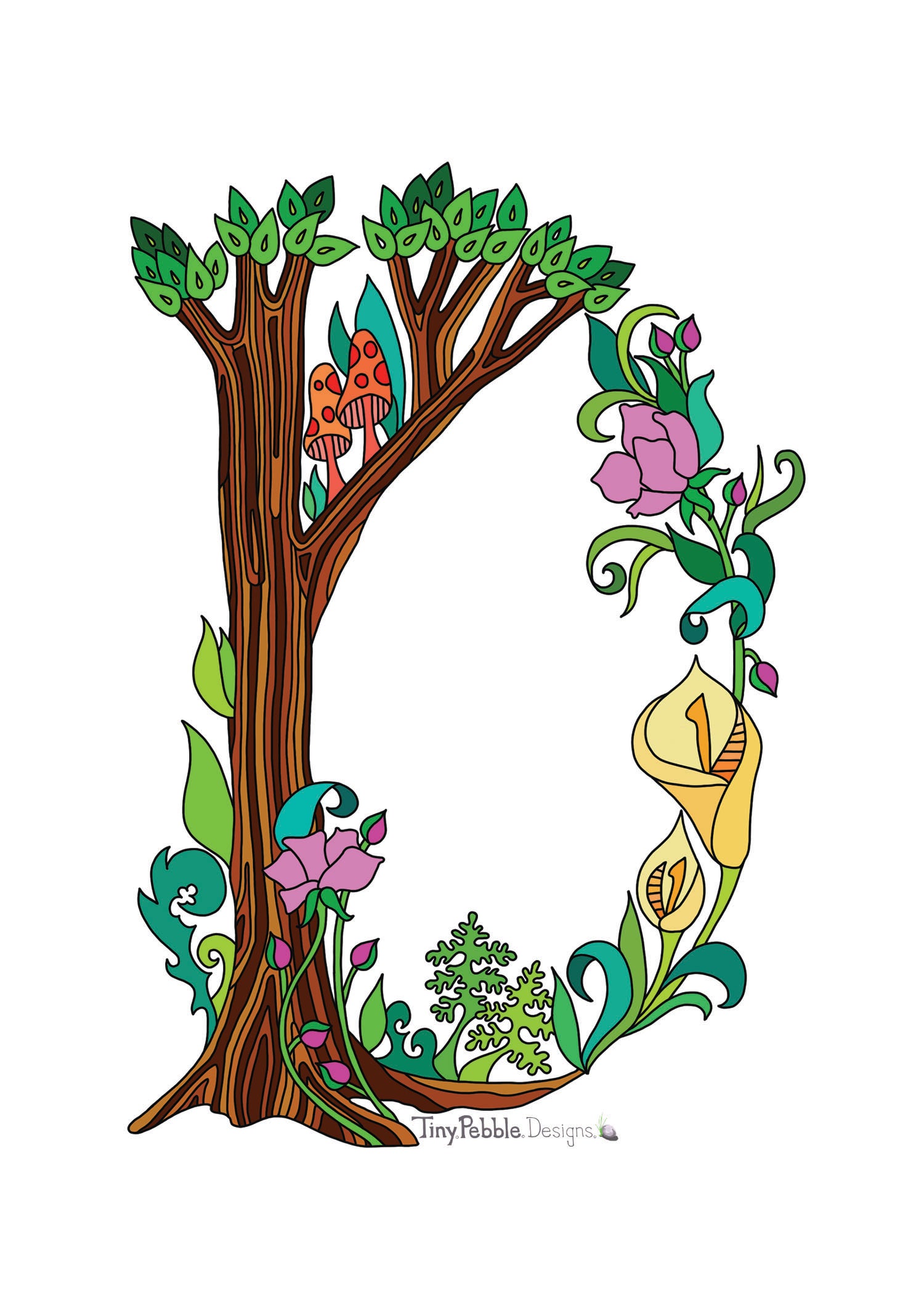 Botanical Alphabet Letter D designed with trees, flowers and mushrooms.