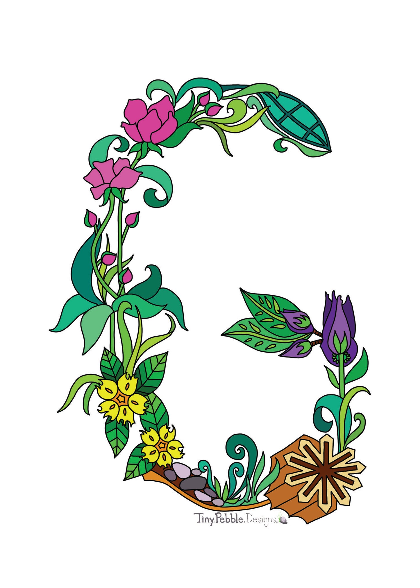 Botanical Alphabet Letter G designed with trees, flowers and mushrooms.