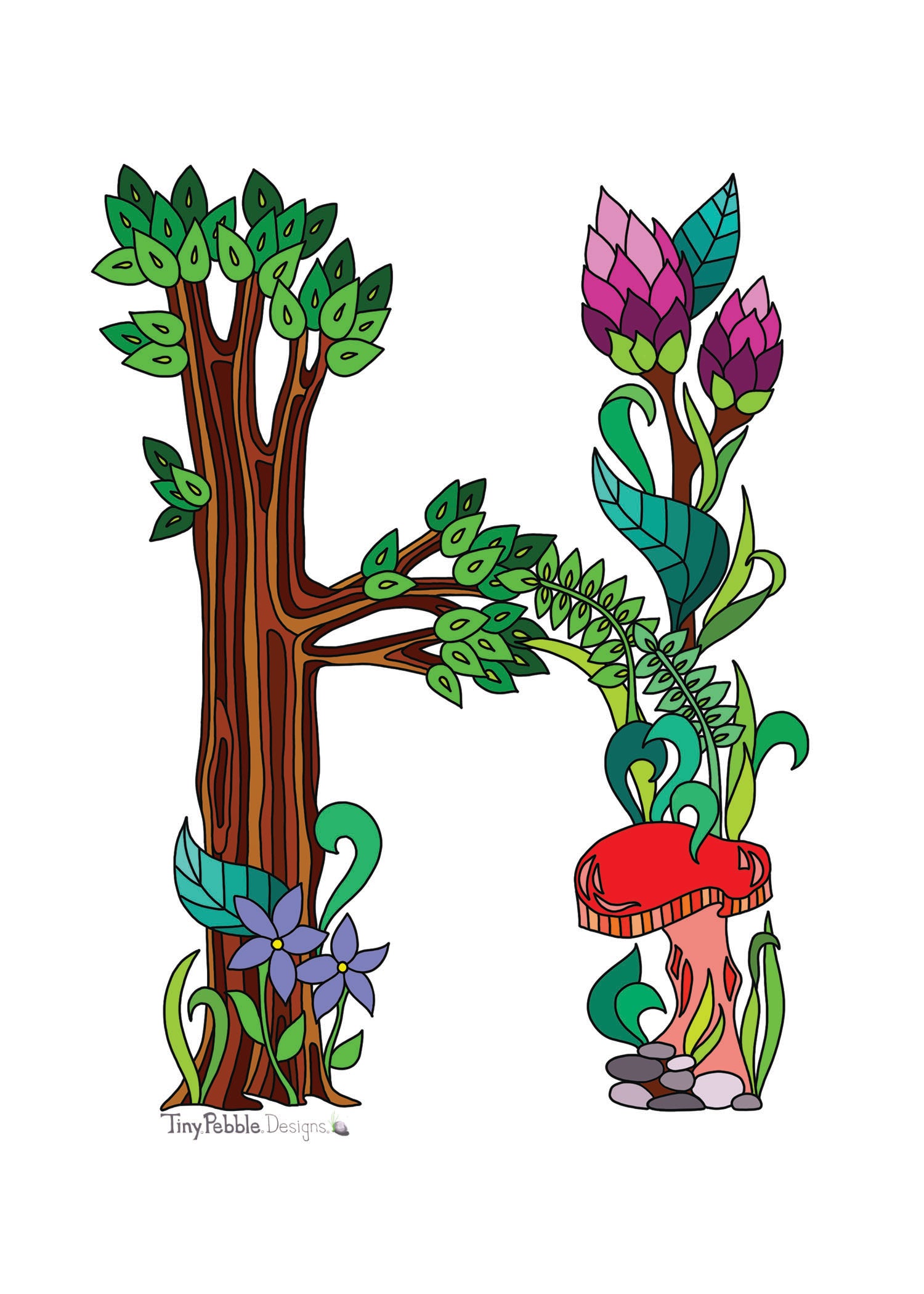 Botanical Alphabet Letter H designed with trees, flowers and mushrooms.