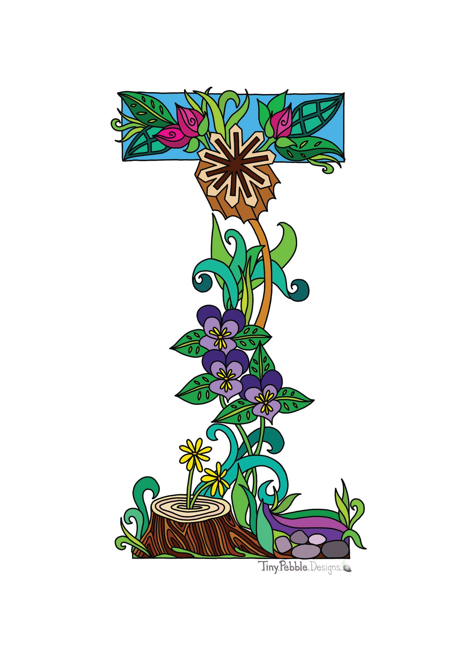 Botanical Alphabet Letter I designed with trees, flowers and mushrooms.