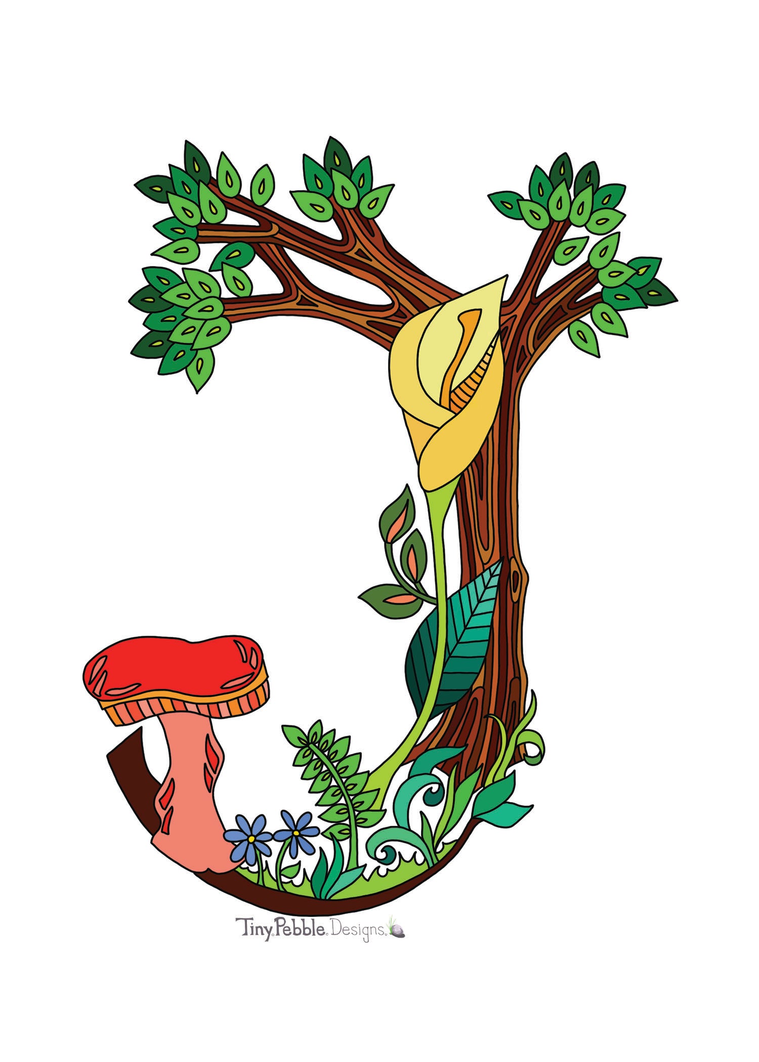 Botanical Alphabet Letter J designed with trees, flowers and mushrooms.