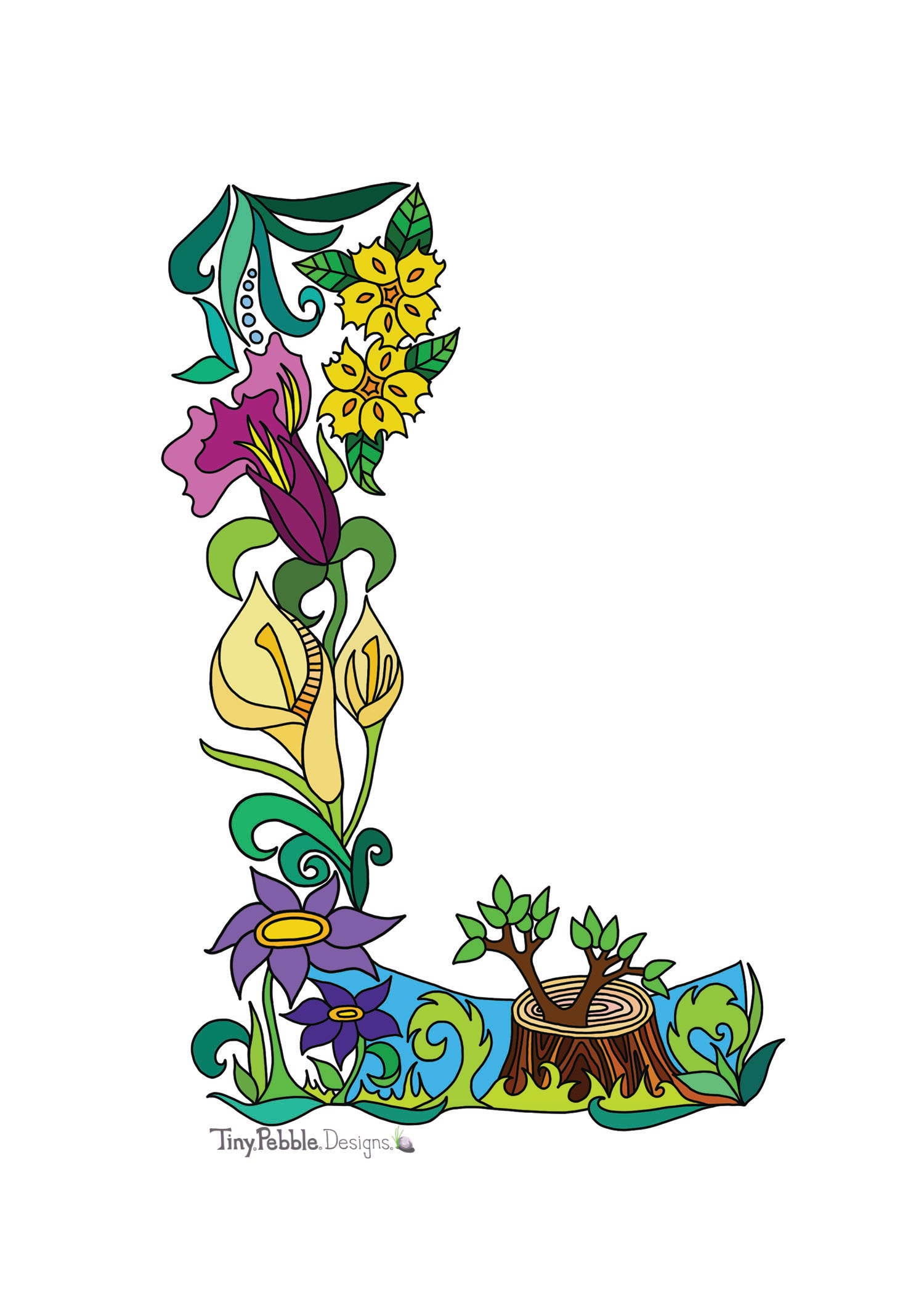 Botanical Alphabet Letter L designed with trees, flowers and mushrooms.