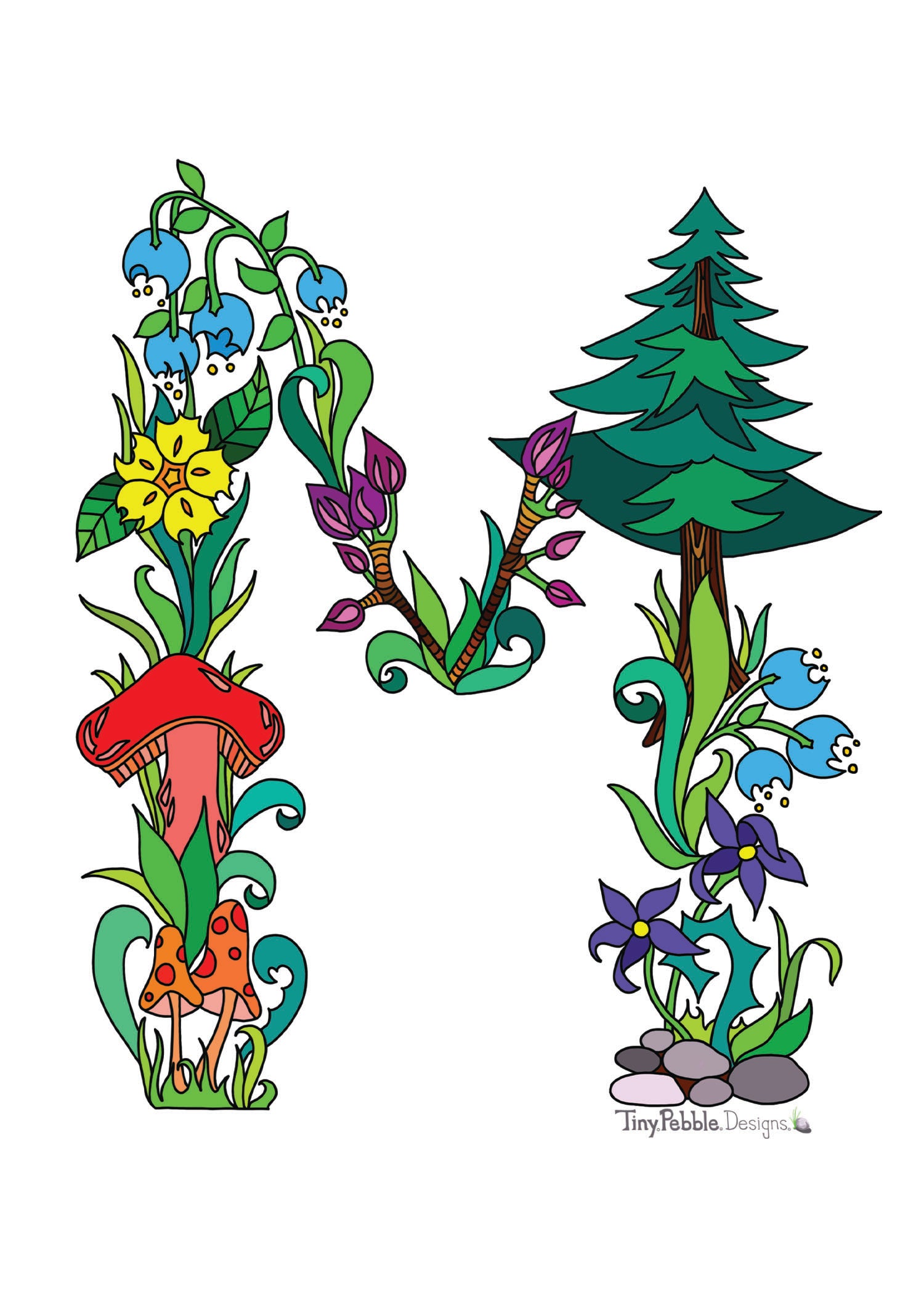 Botanical Alphabet Letter M designed with trees, flowers and mushrooms.