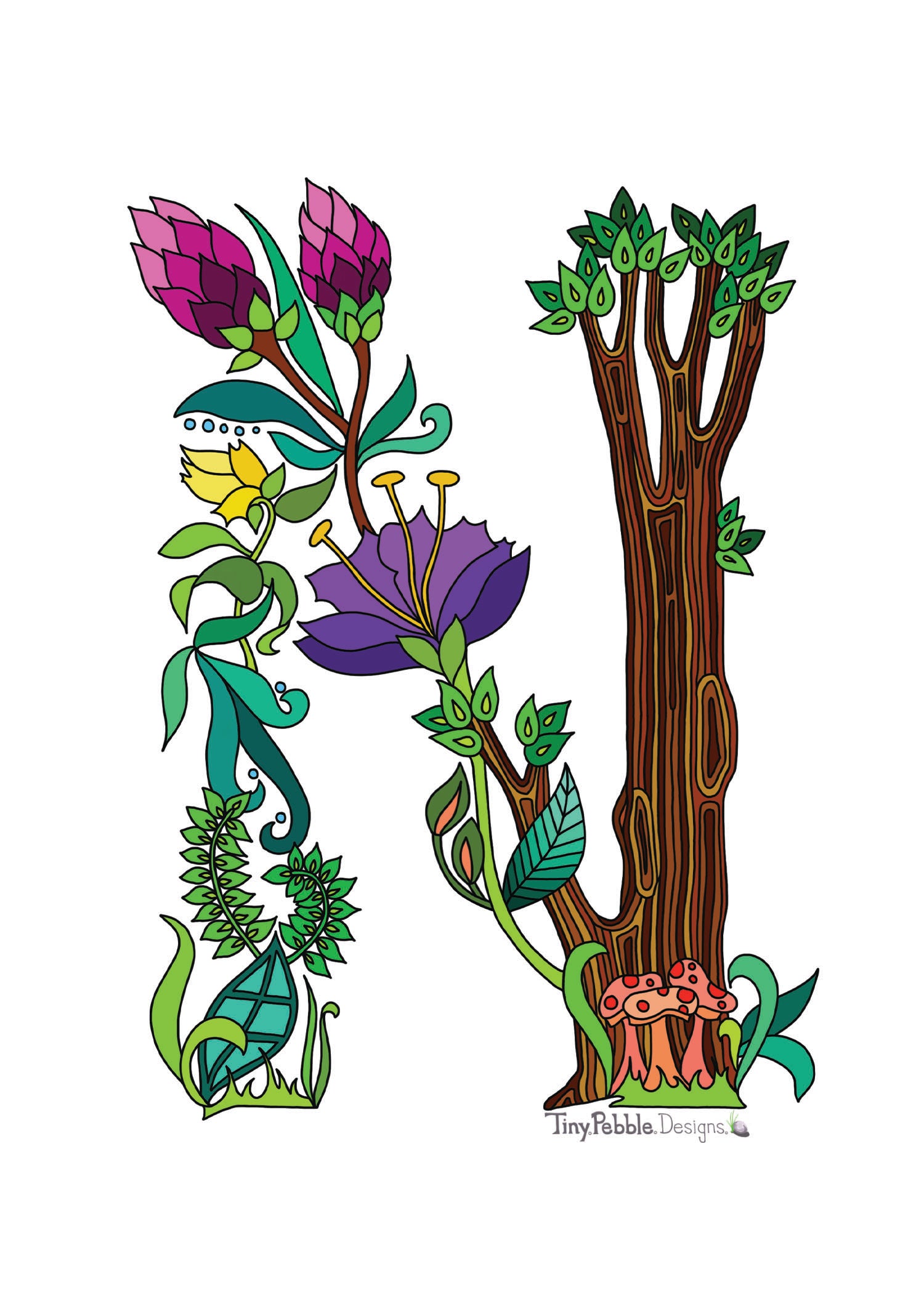 Botanical Alphabet Letter N designed with trees, flowers and mushrooms.