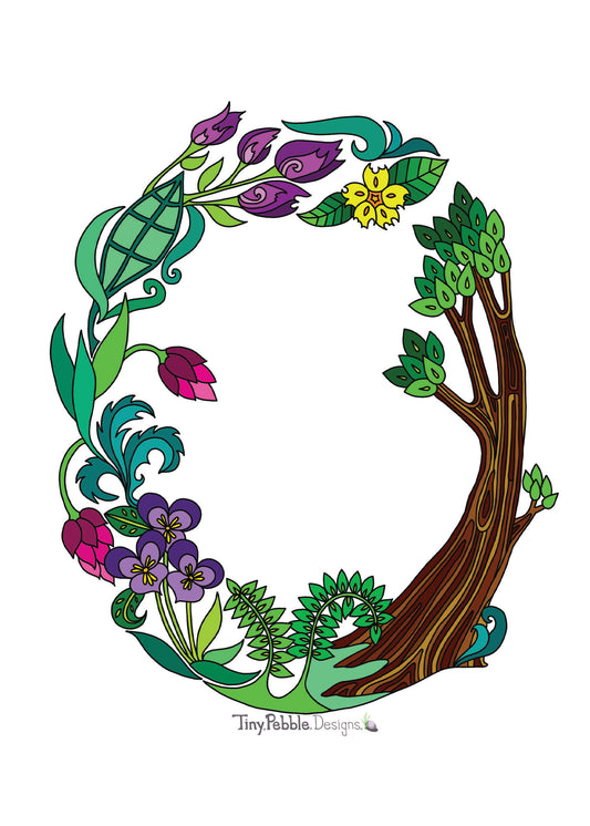 Botanical Alphabet Letter O designed with trees, flowers and mushrooms.