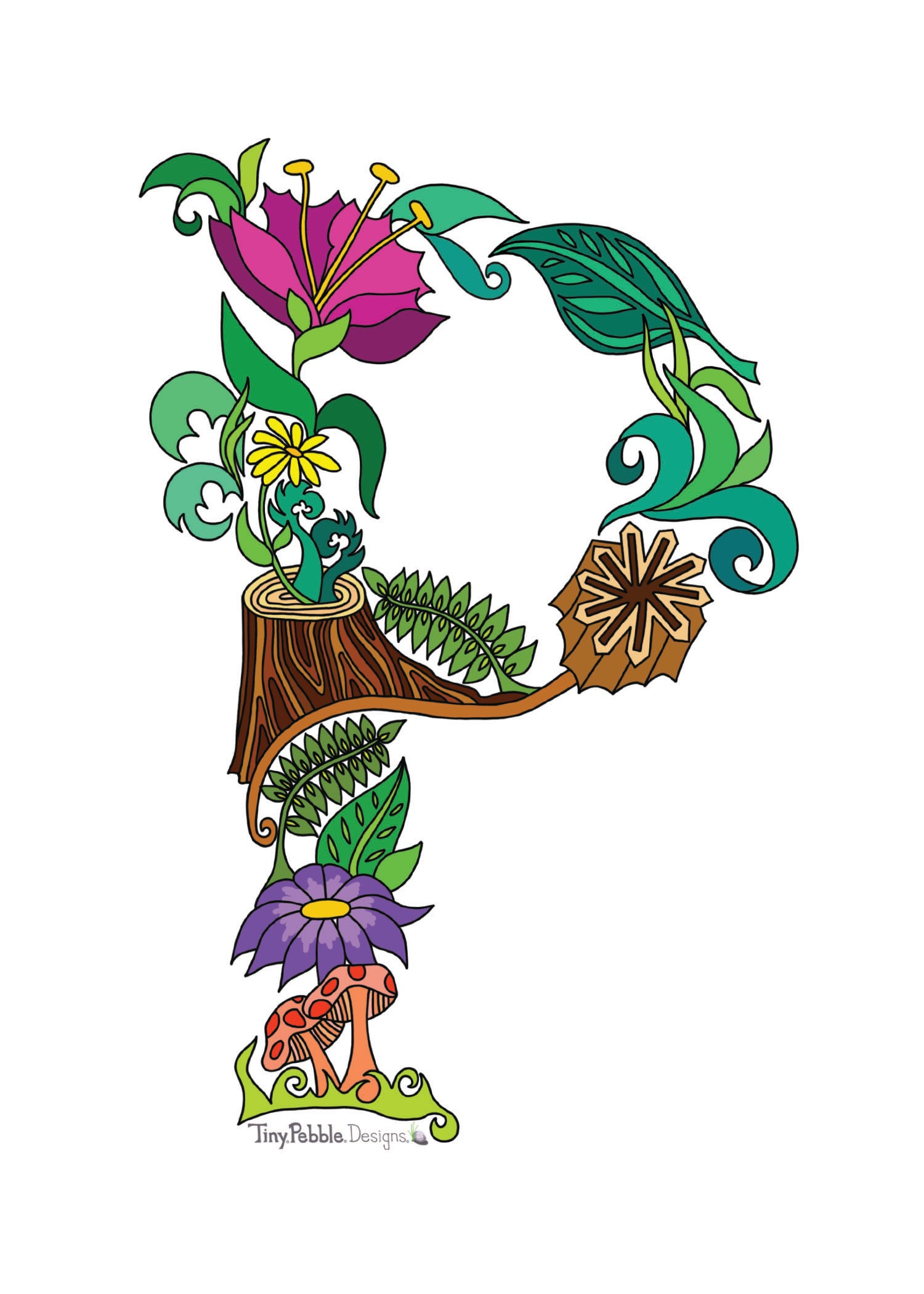 Botanical Alphabet Letter P designed with trees, flowers and mushrooms.