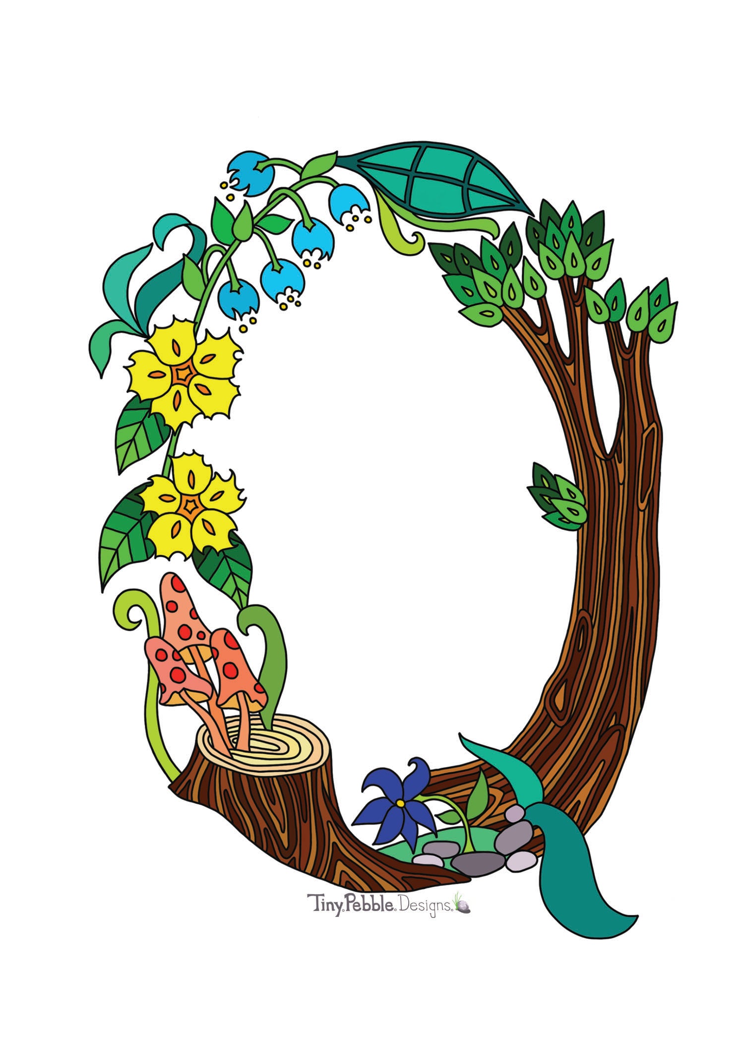 Botanical Alphabet Letter Q designed with trees, flowers and mushrooms.