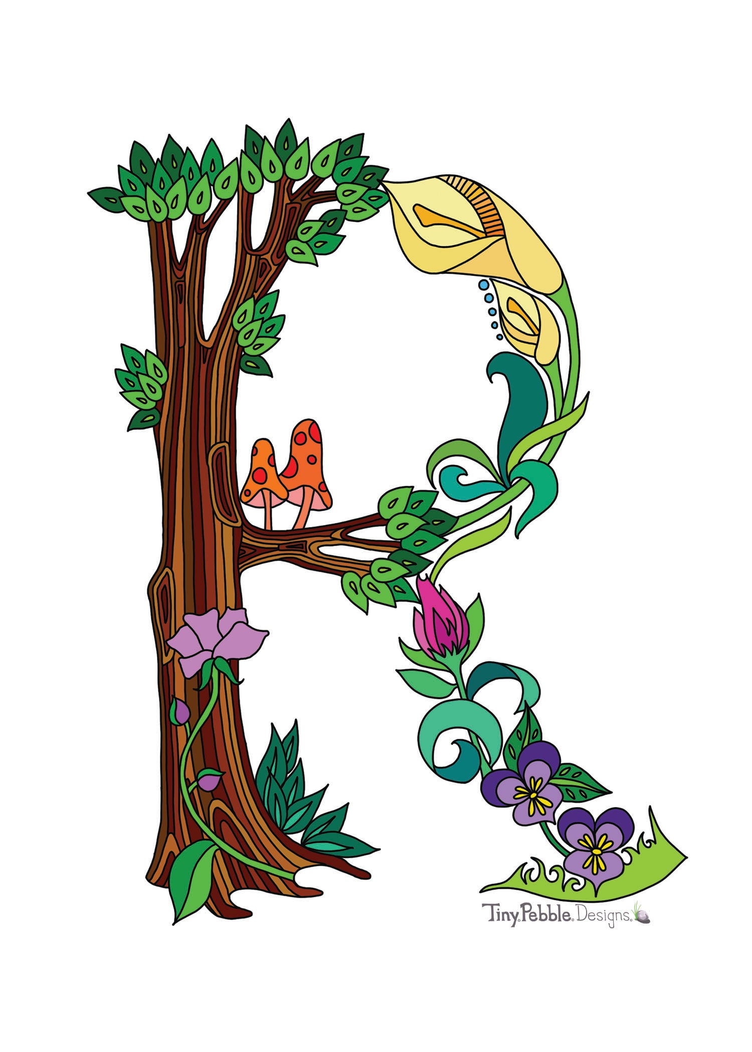 Botanical Alphabet Letter R designed with trees, flowers and mushrooms.