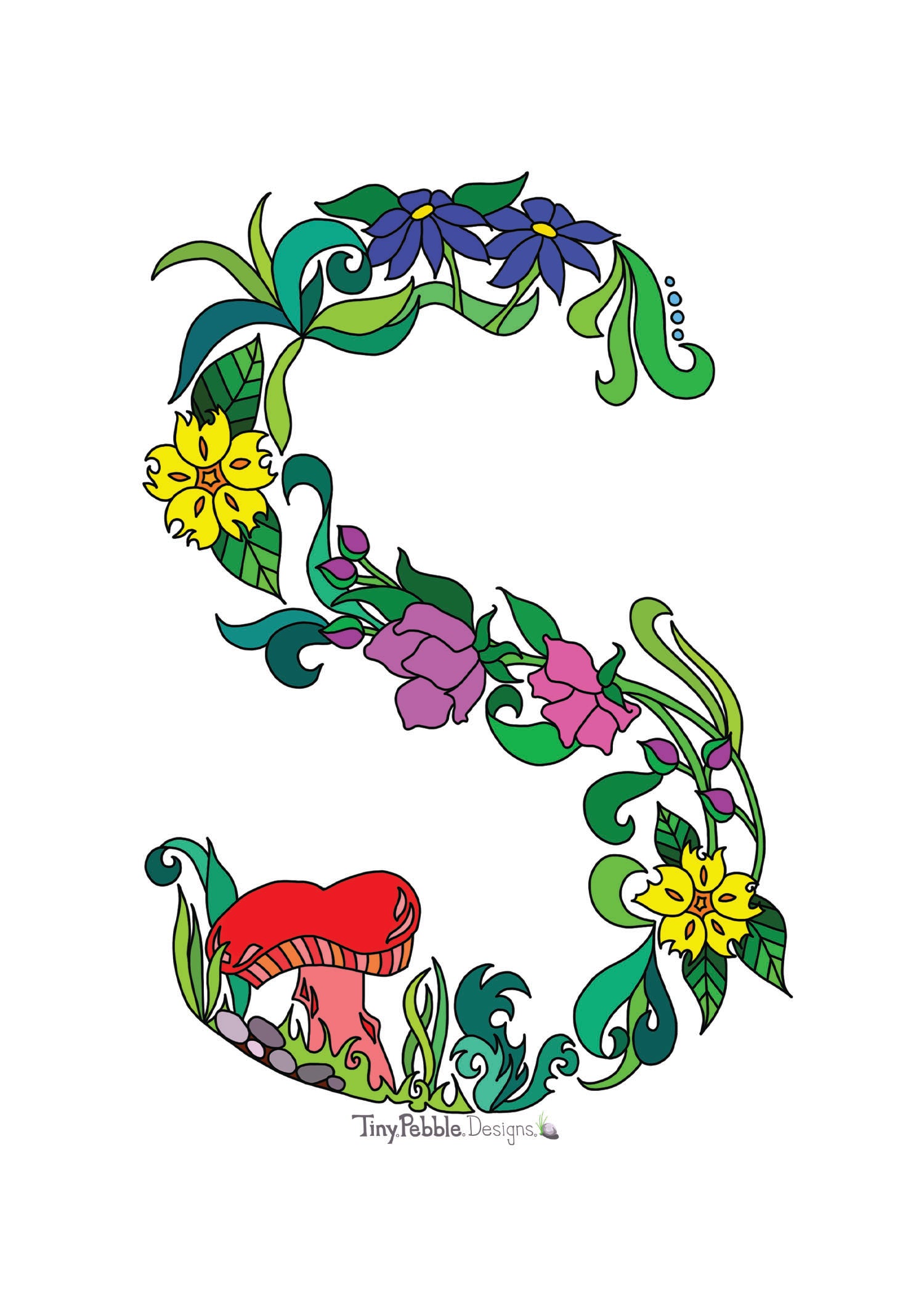 Botanical Alphabet Letter S designed with trees, flowers and mushrooms.