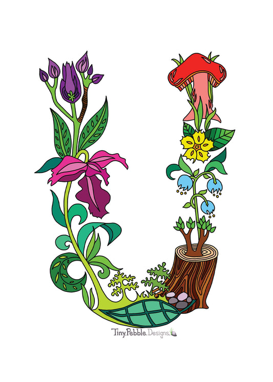 Botanical Alphabet Letter U designed with trees, flowers and mushrooms.