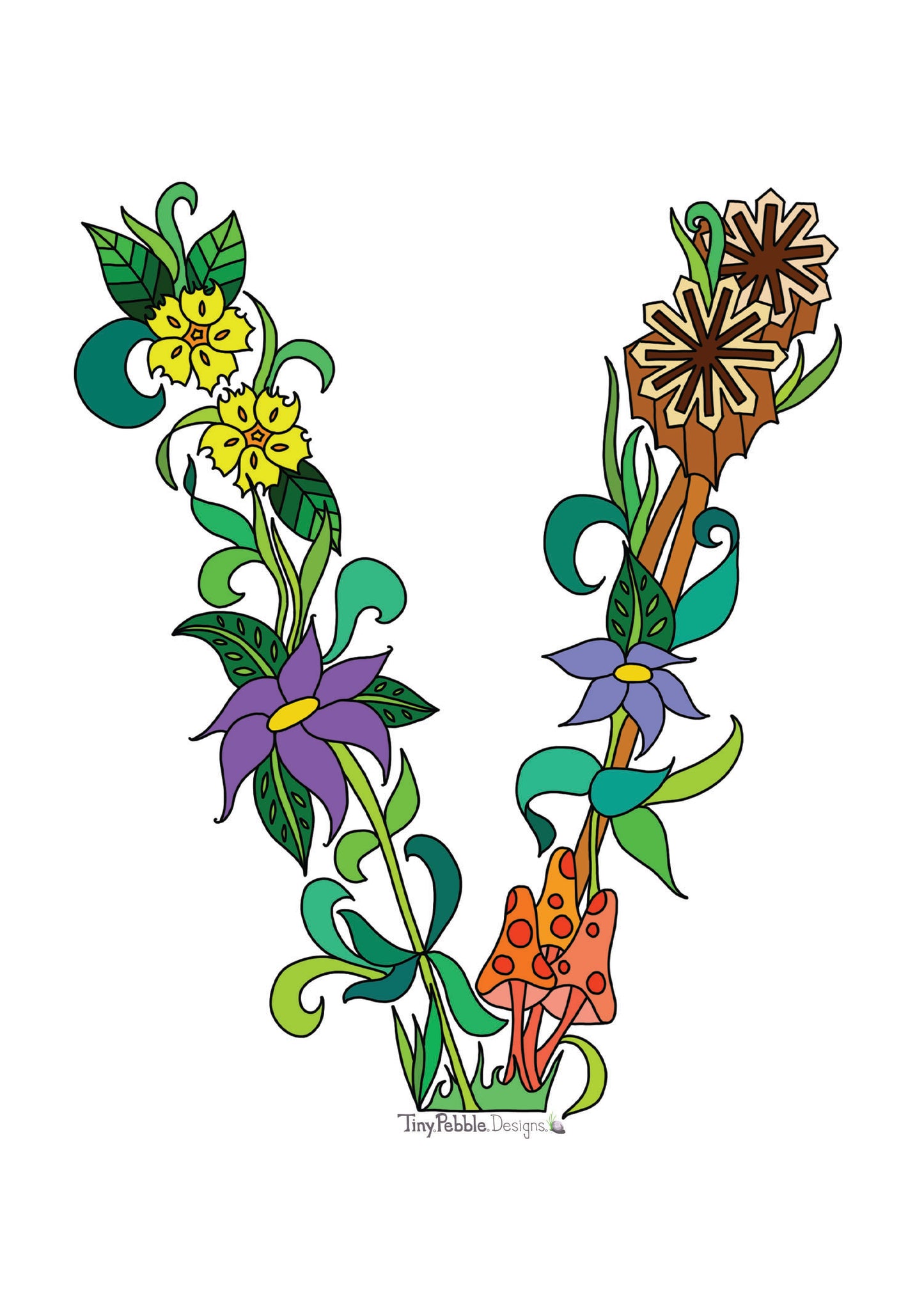 Botanical Alphabet Letter V designed with trees, flowers and mushrooms.