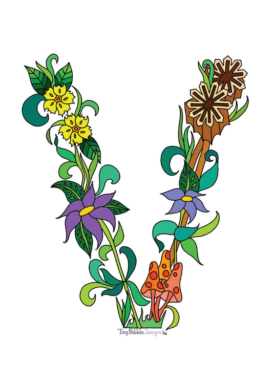 Botanical Alphabet Letter V designed with trees, flowers and mushrooms.