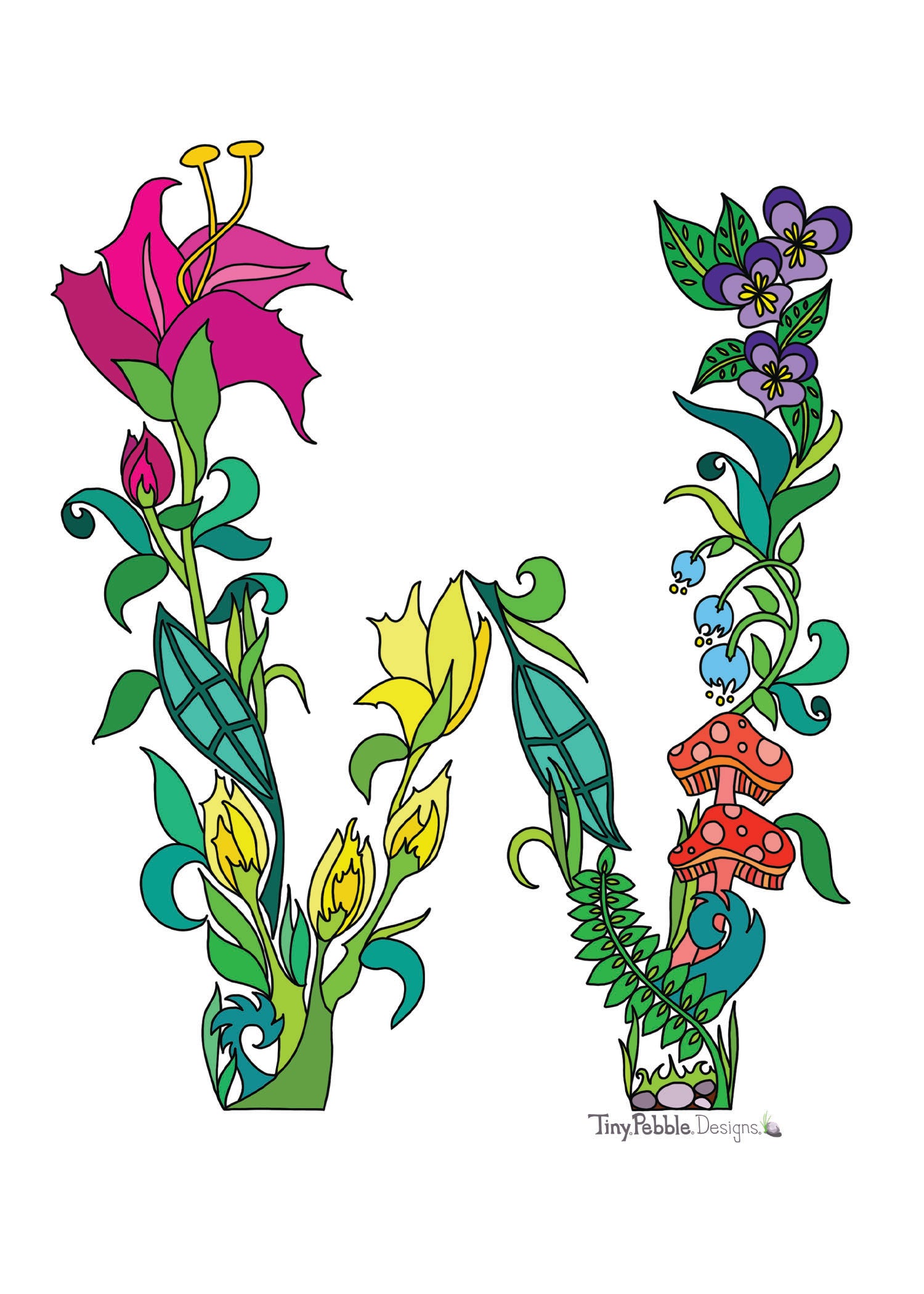 Botanical Alphabet Letter W designed with trees, flowers and mushrooms.