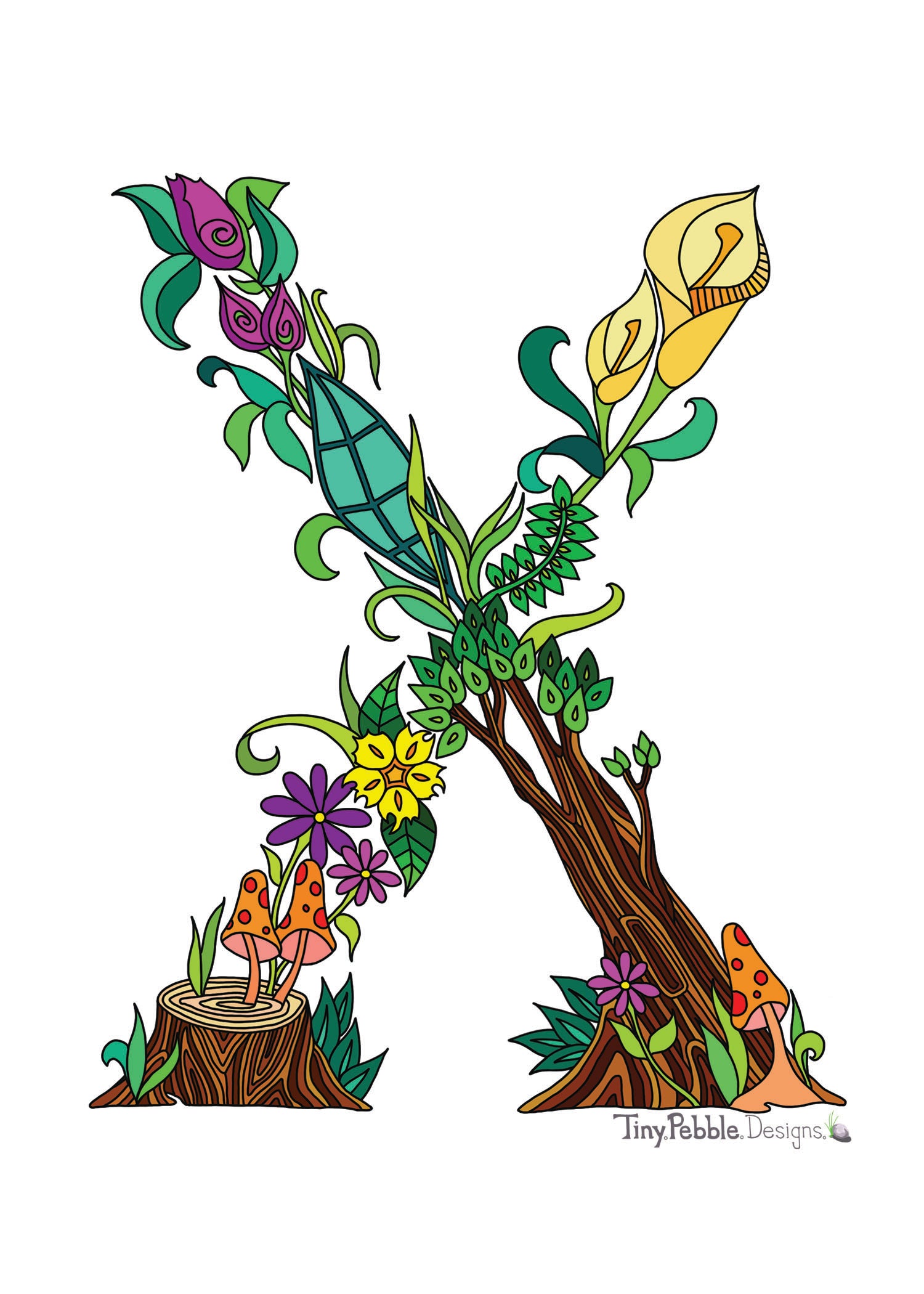 Botanical Alphabet Letter X designed with trees, flowers and mushrooms.