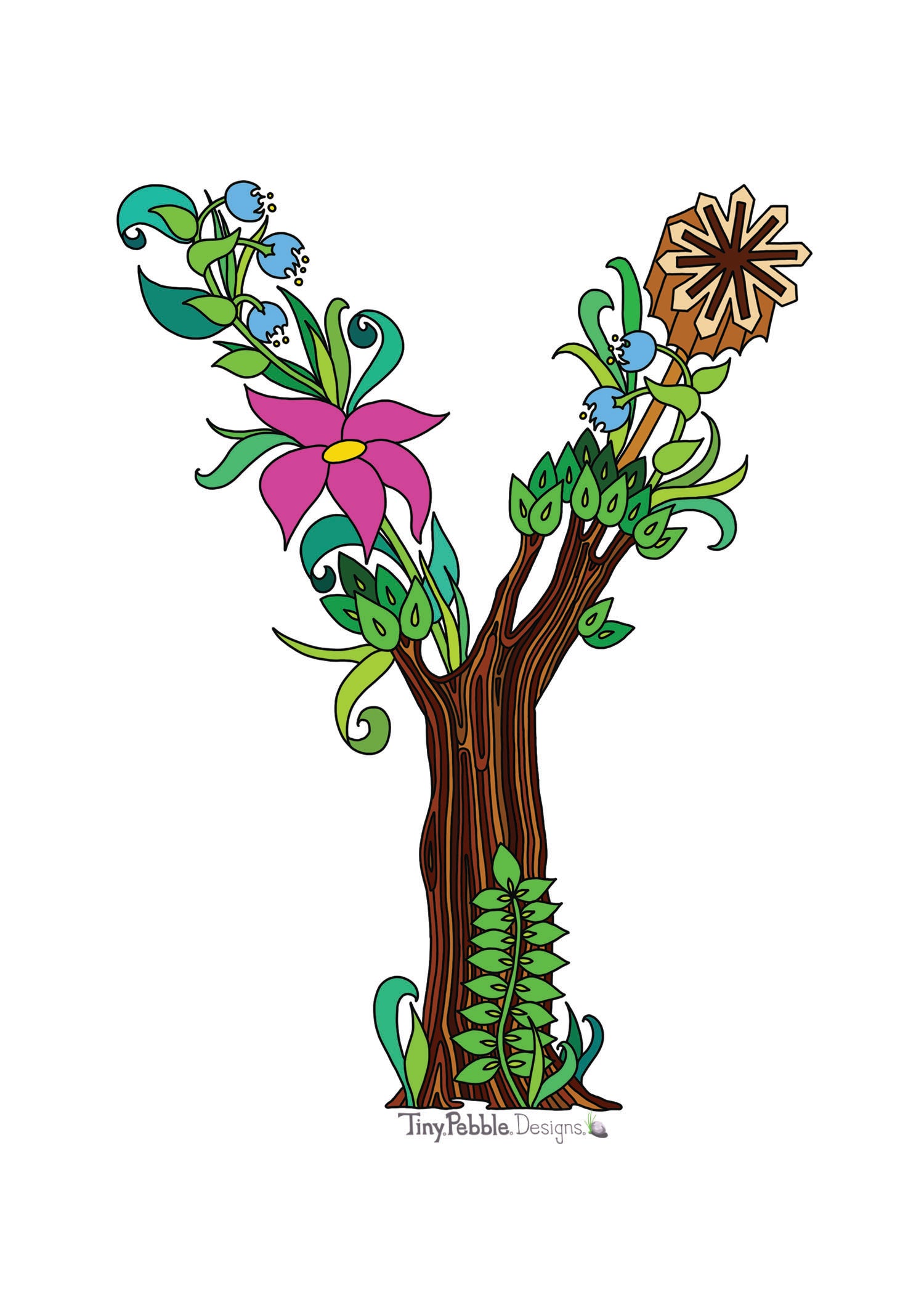 Botanical Alphabet Letter Y designed with trees, flowers and mushrooms.