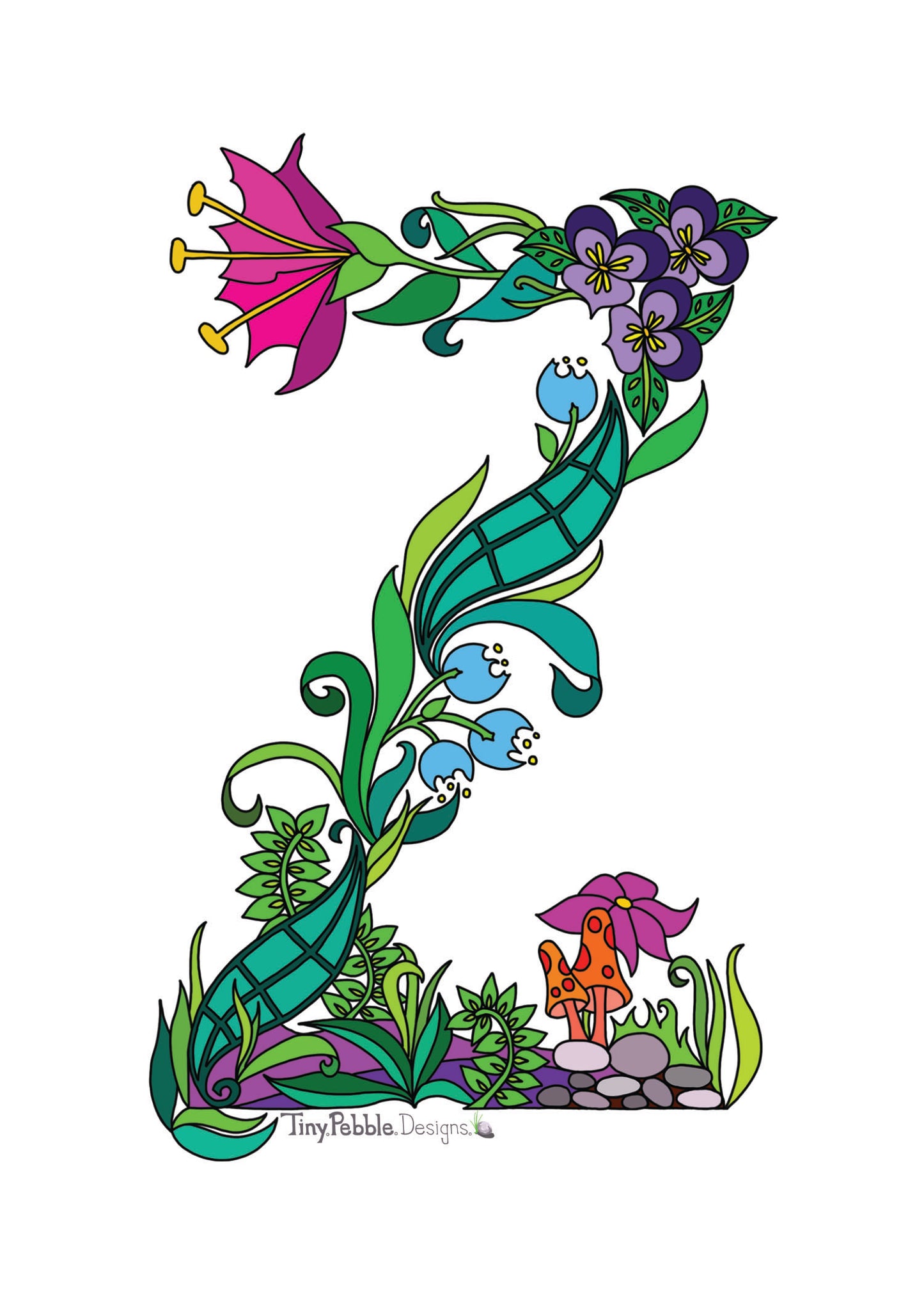 Botanical Alphabet Letter Z designed with trees, flowers and mushrooms.