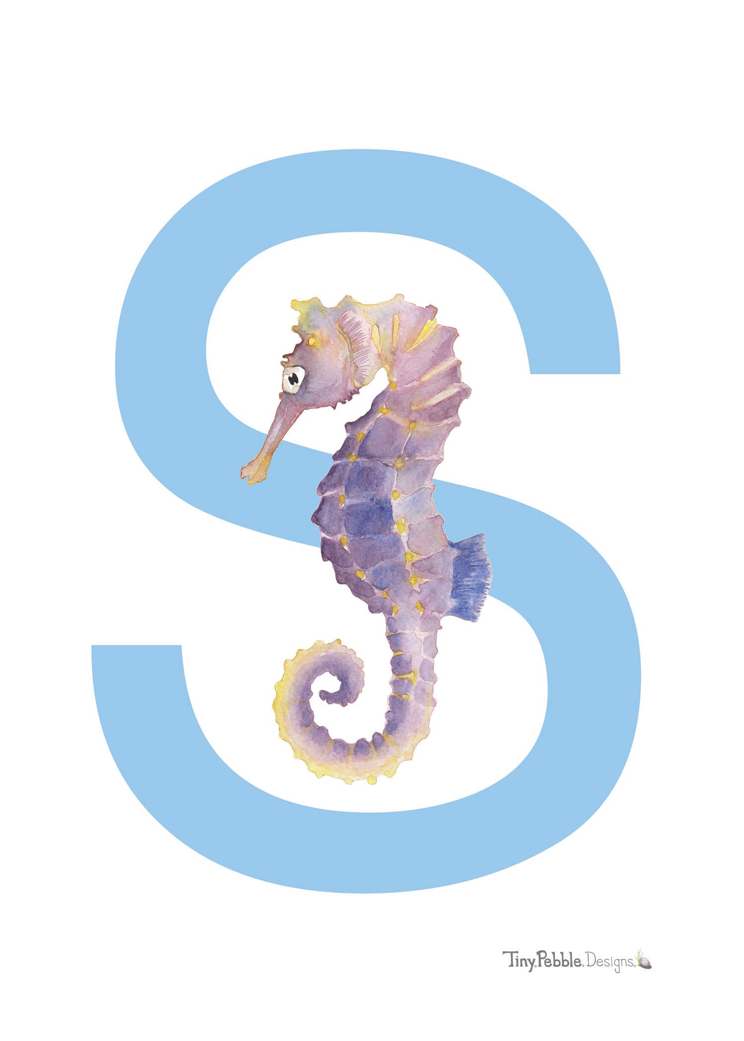 blue printed letter S with a watercolor painting of a seahorse.