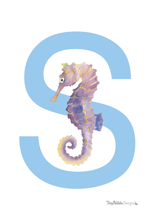 blue printed letter S with a watercolor painting of a seahorse.