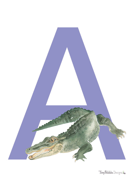 purple printed letter A with a watercolor painting of an alligator.