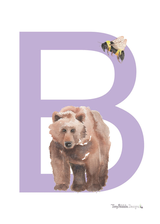 purple printed letter B with watercolor paintings of a bee and a bear.