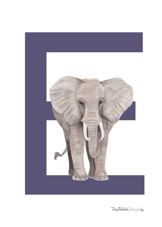 dark purple printed letter E with a watercolor painting of an elephant.