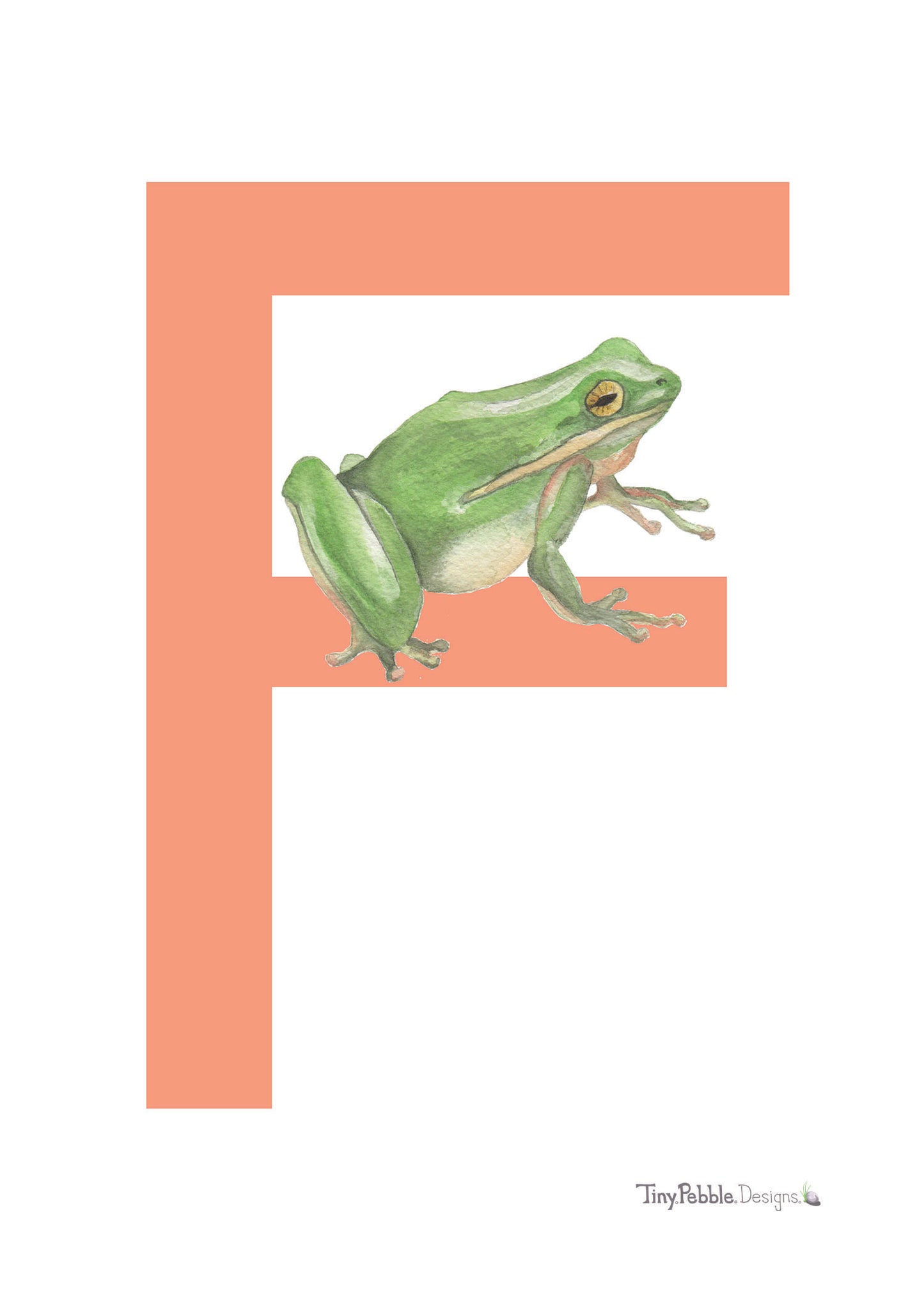 orange printed letter F with a watercolor painting of a green frog.