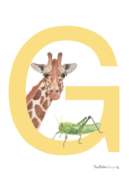 yellow printed letter G with watercolor paintings of a giraffe and a grasshopper. 