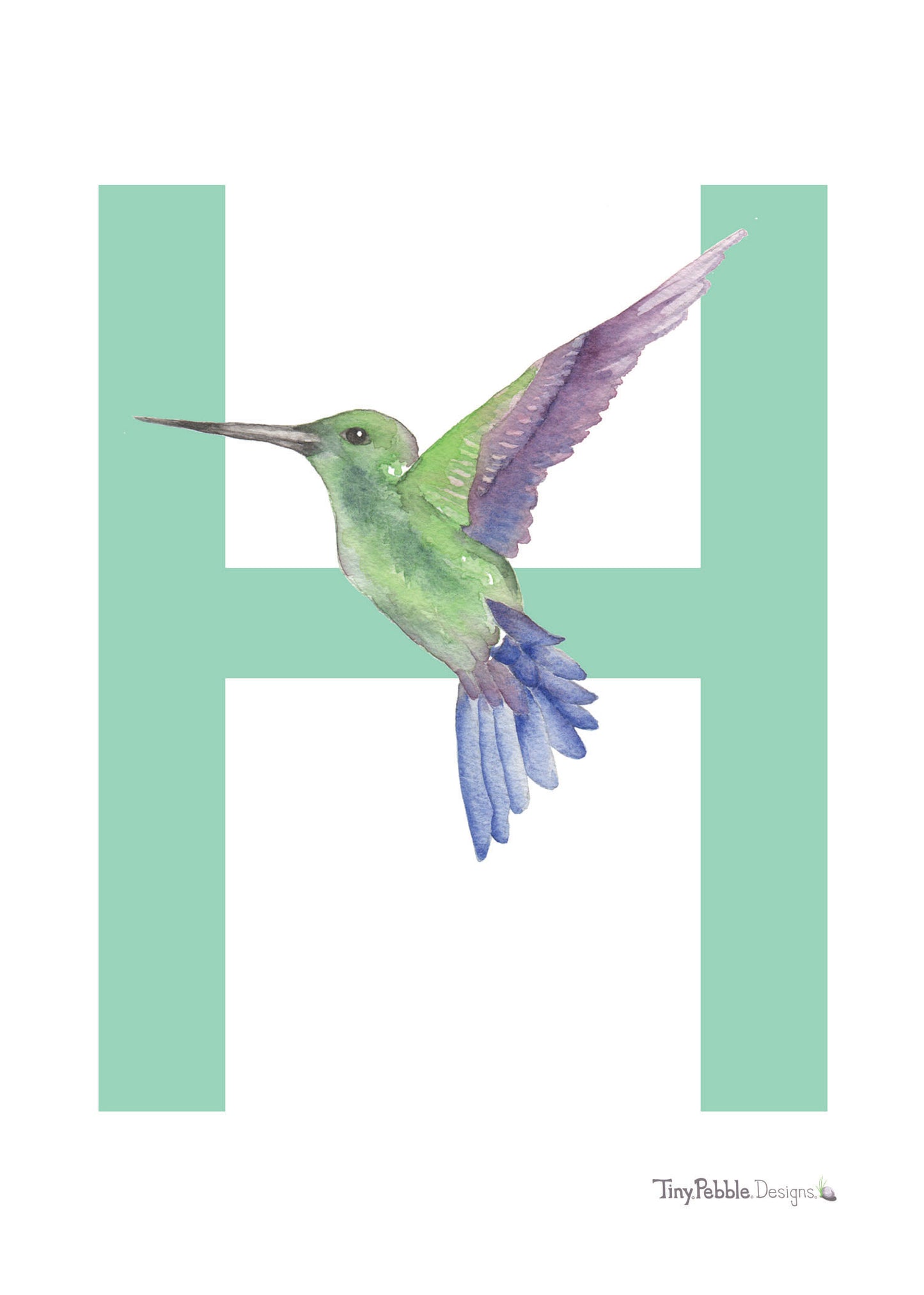 teal printed letter H with a watercolor painting of a hummingbird.