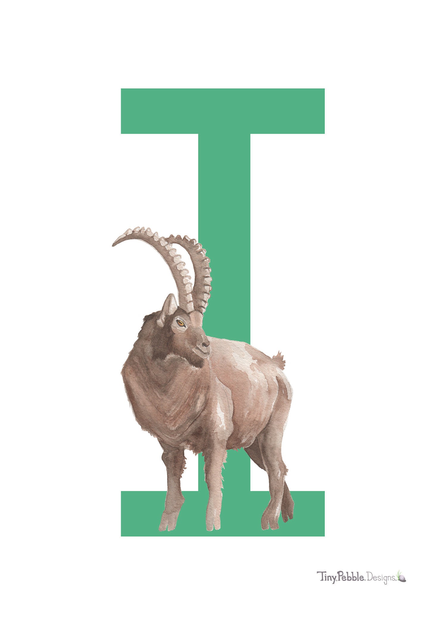 green printed letter I with a watercolor painting of an ibex.