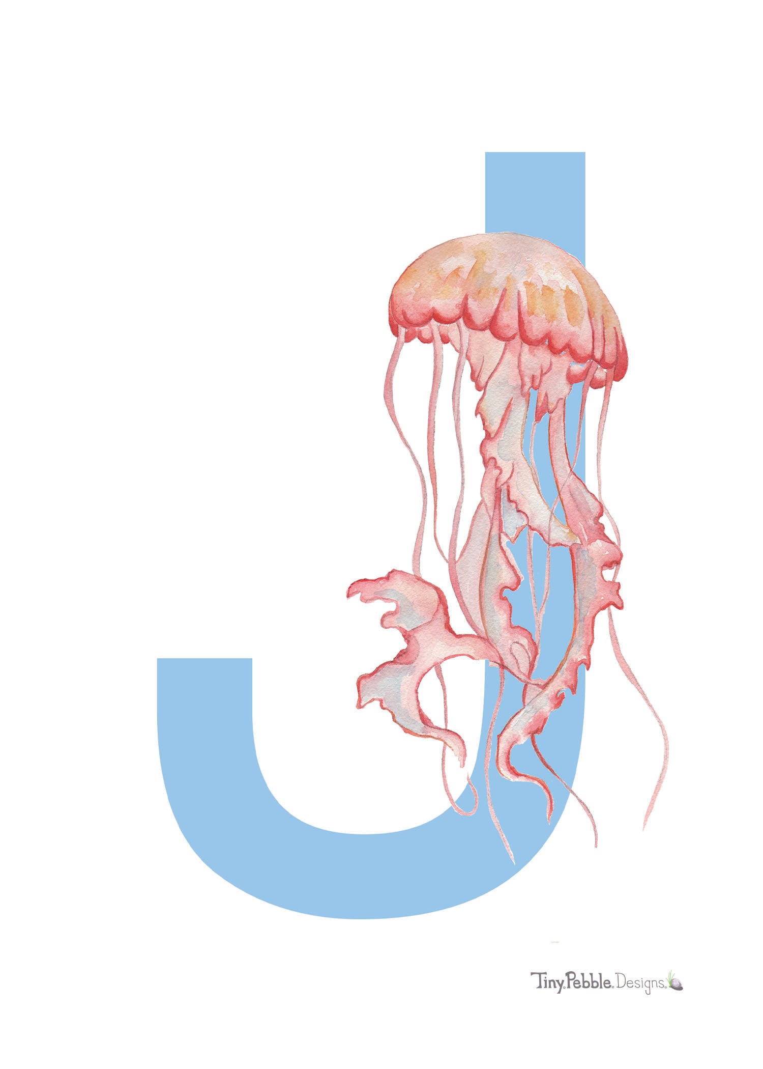 blue printed letter J with a watercolor painting of a jellyfish.